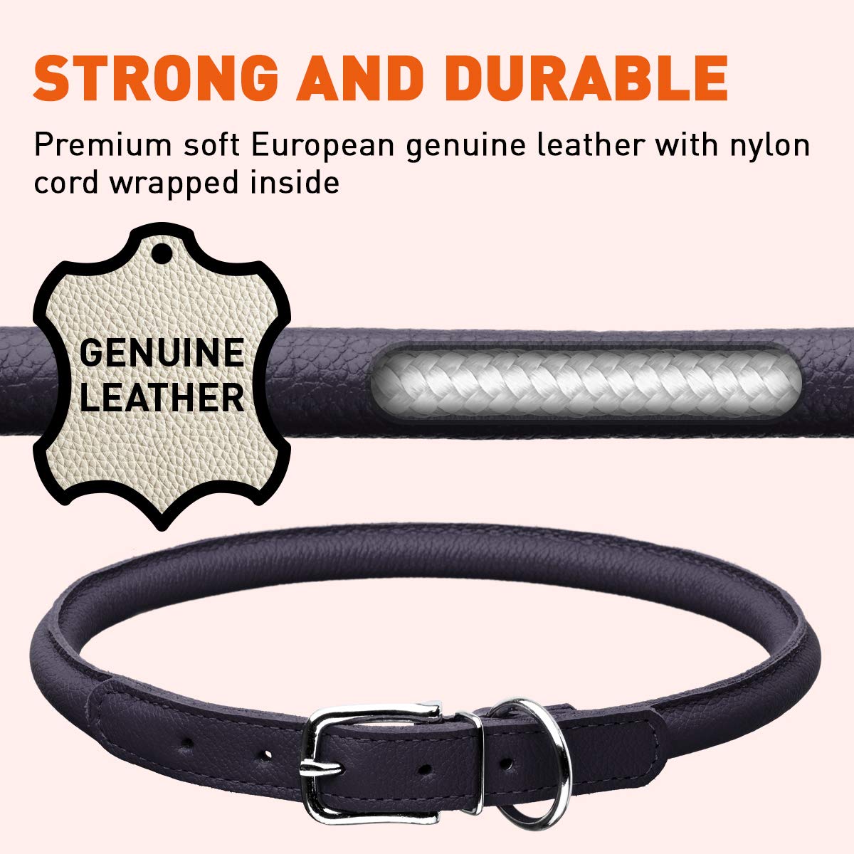 Dogline Soft And Padded Rolled Round Leather Collar For Dogs W1/4'' - L10''-13'', Black