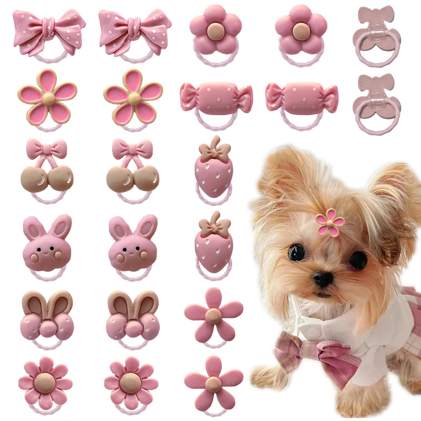 20 Pcs Light Pink Small Dog Hair Bows With Rubber Bands Puppy Bows For Ears Cute Grooming Flower Bowknot Strawberries Topknot Do
