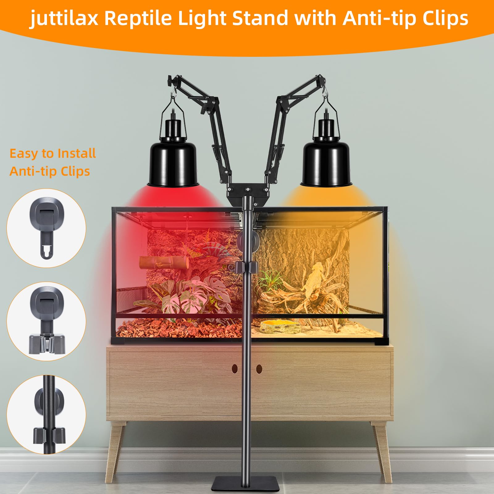 Juttilax Dual Reptile Heat Lamp Stand, Adjustable Reptile Light Stand (15.7-74.3Inch) With 360 Swing Arm And Anti-Tip Clip, Lamp