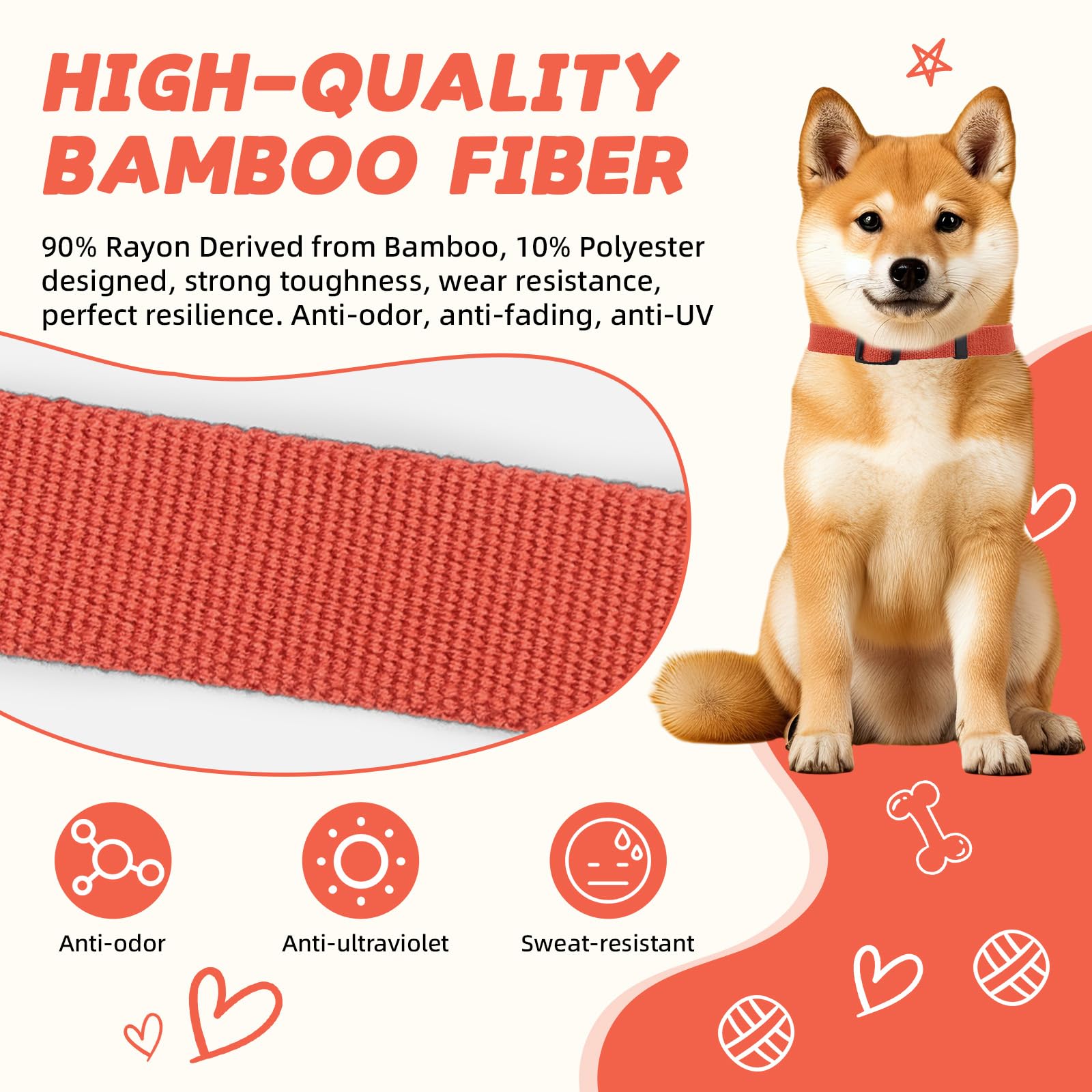Orange Dog Collar And Leash Set For Large Dog, Breathable, Anti-Odor & Soft, Comfortable For Sensitive Skin Puppies, 90% Bamboo