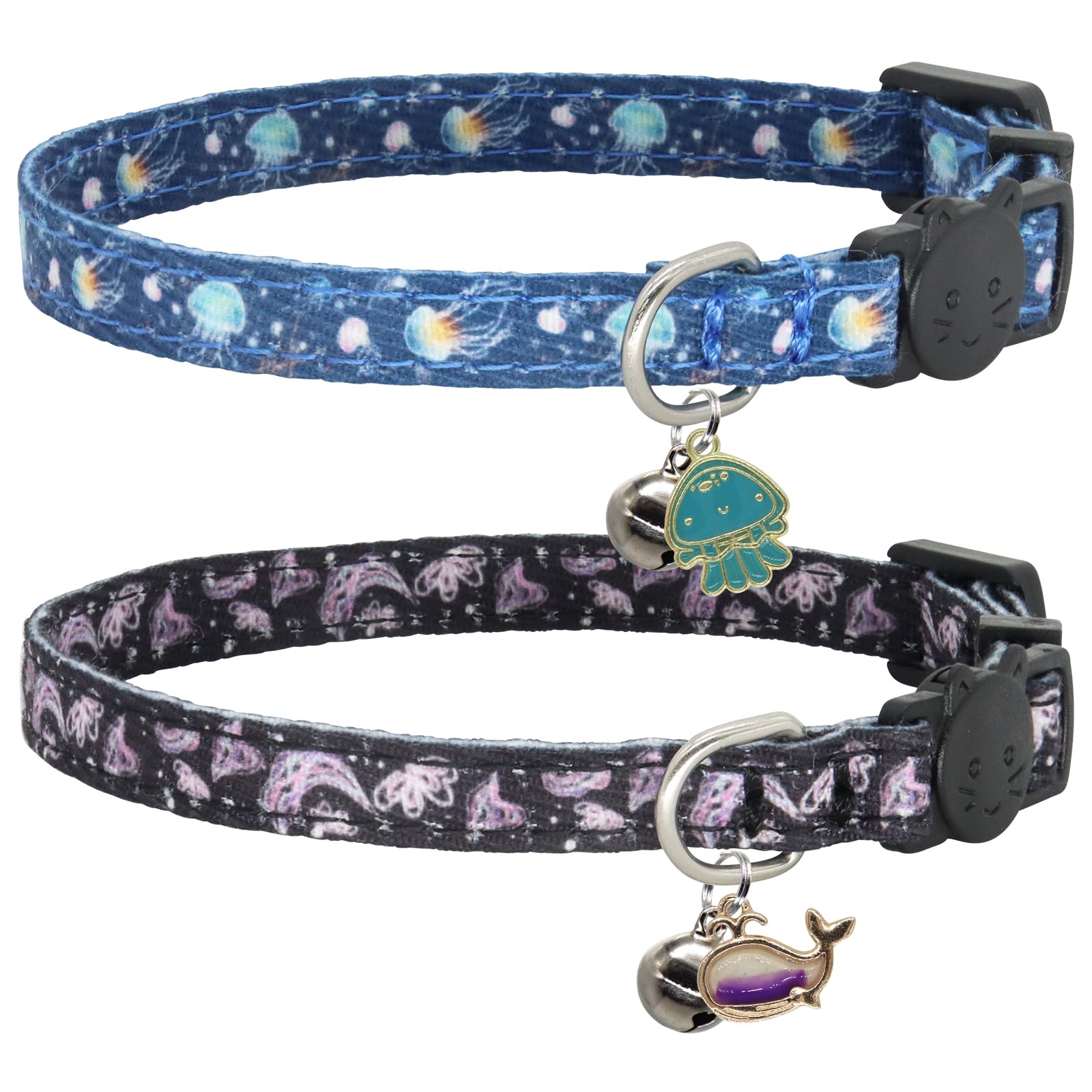 Giecooh Cotton Cat Collar, 2 Pack Breakaway Cats Collars With Bells, For Girl Boy Kittens, Ocean