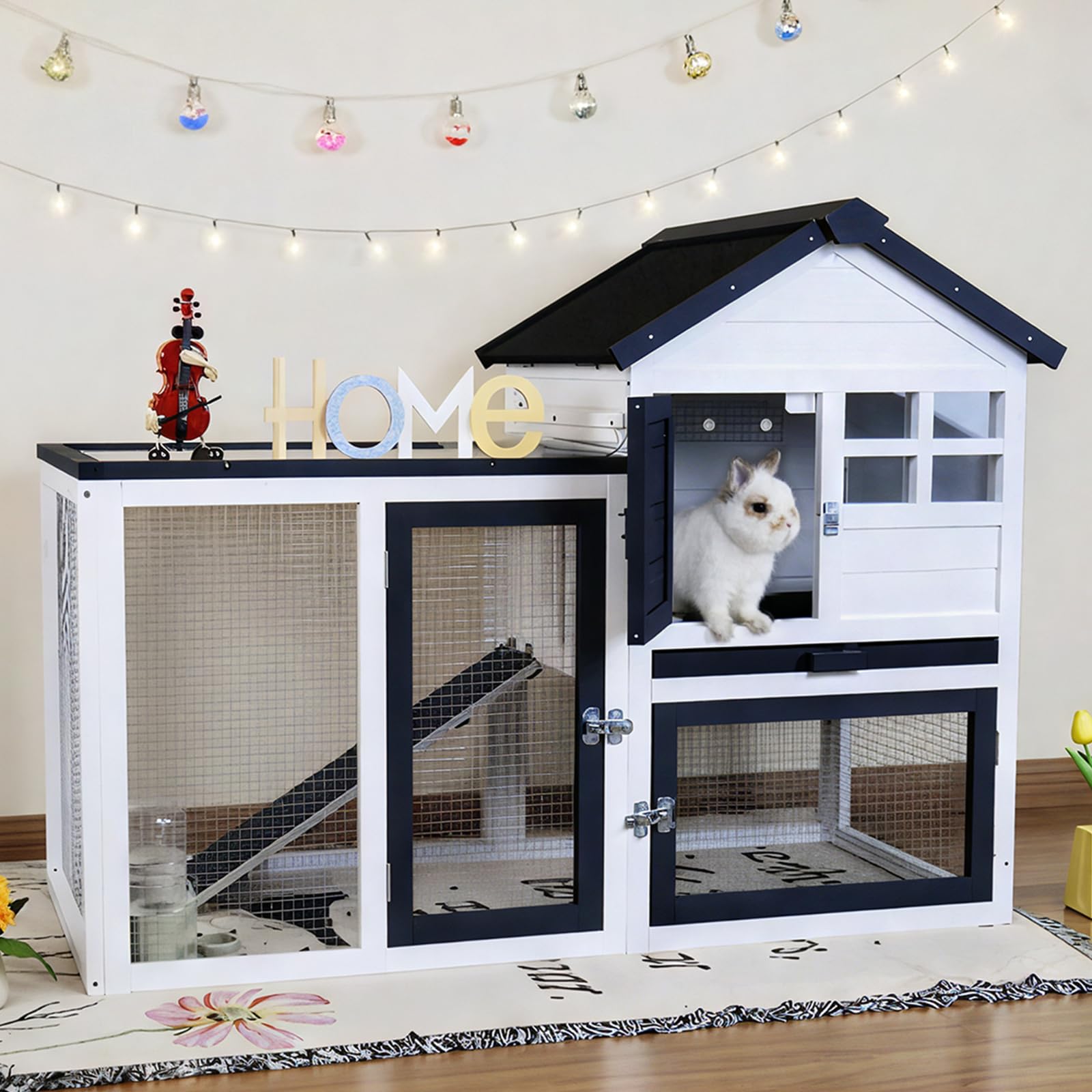 Nicedday Rabbit Hutch Bunny Cage Indoor/Outdoor, Small Chicken Coop, with Metal Mesh Floor & Removable Tray, Secure Sliding Door