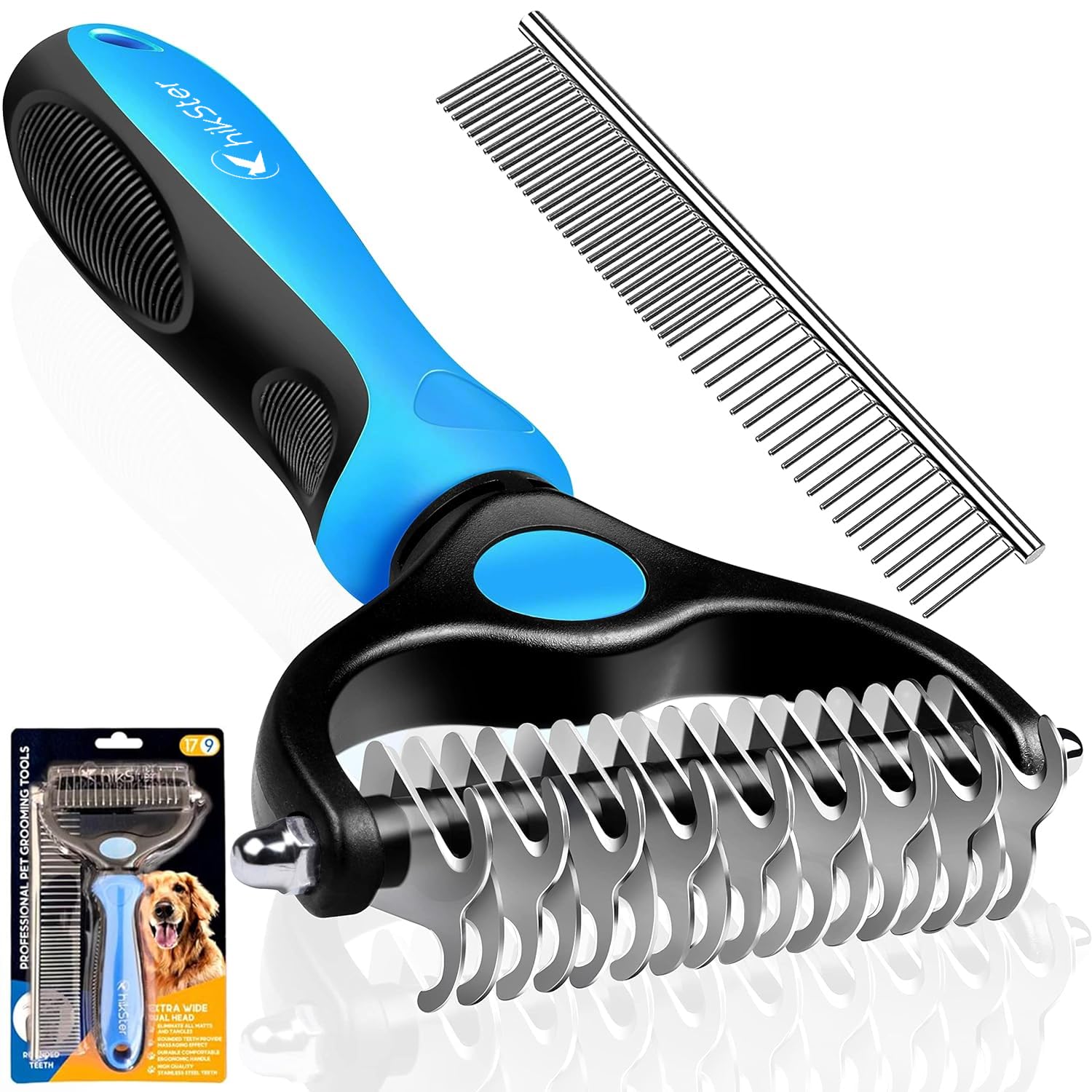 Hikster Dematting Comb For Dogs & Cats With Stainless Steel Rake Comb, Double Sided Pet Grooming Tools, Furever Brush, Cat Dematting Tool, Undercoat Rake For Small, Medium & Large Hairs Coat