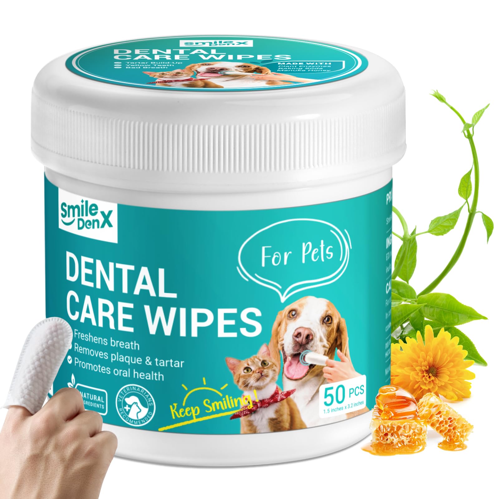 SmileDenX Dog Dental Care Wipes - Cat & Dog Teeth Cleaning Finger Wipes - Tooth Brushing Kit Dental Wipes - Reduces Plaque & Fre