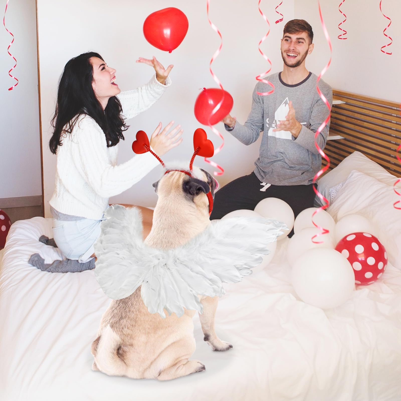 Shurung Dog Sweeat Heart Headband Valentin'S Day Costume Set With White Feather Wing Heart Headband Love-Themed Dog Outfits For