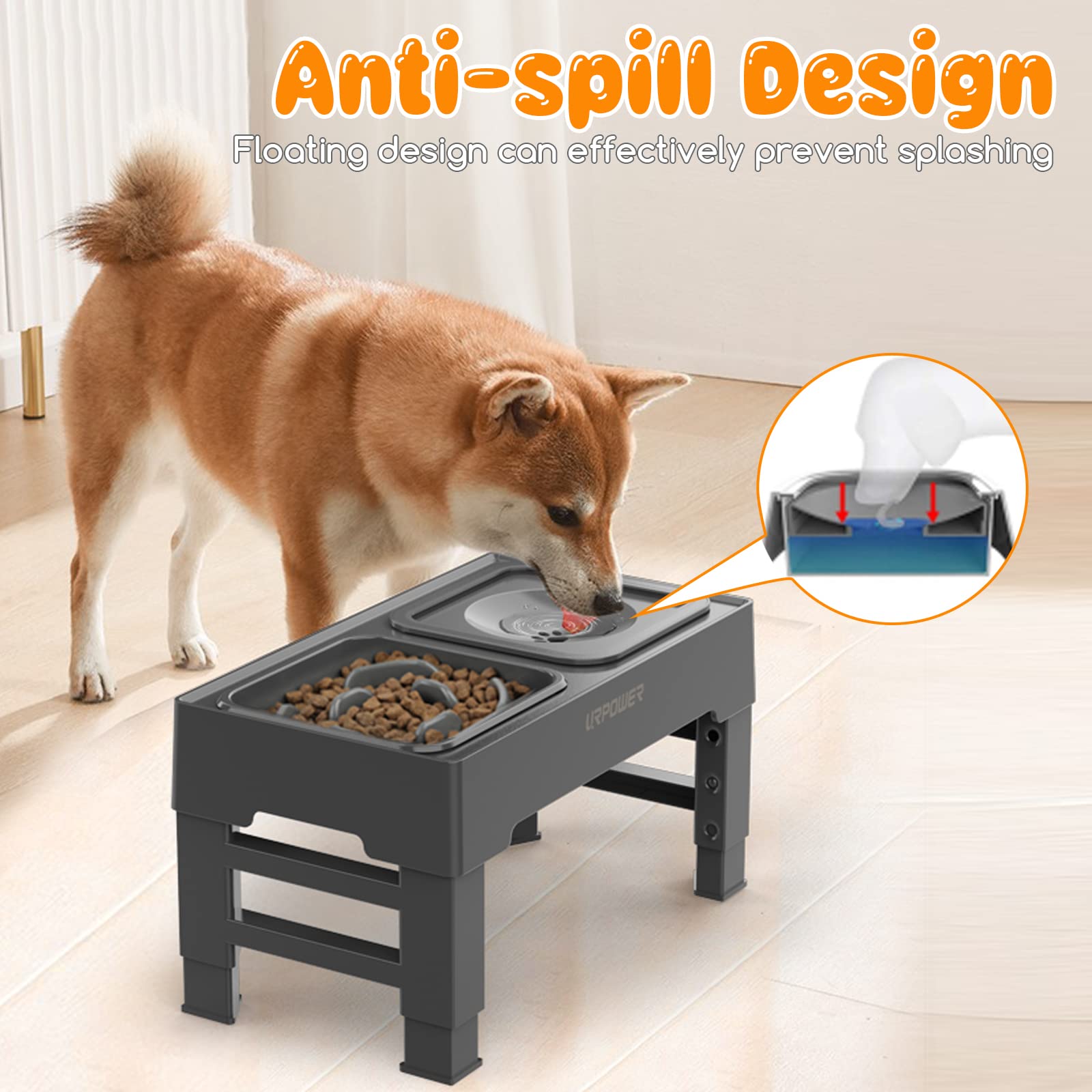 URPOWER 2-in-1 Elevated Slow Feeder Dog Bowls with No Spill Dog Water Bowl Dispenser 4 Height Adjustable Raised Dog Bowl Non-Sli