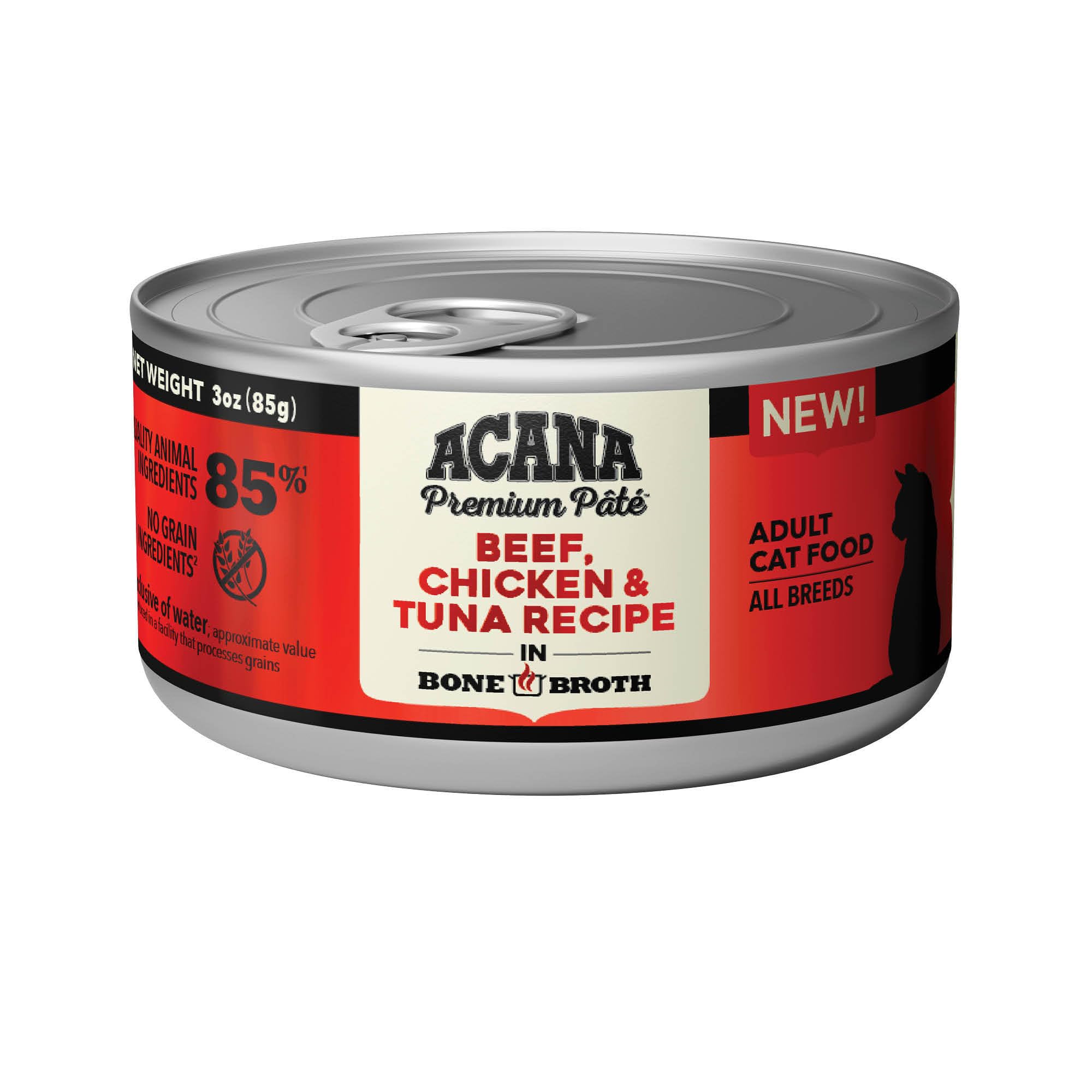 ACANA Premium Pate Wet Cat Food in Bone Broth Beef Chicken + Tuna Recipe 3oz Cans (24 count)
