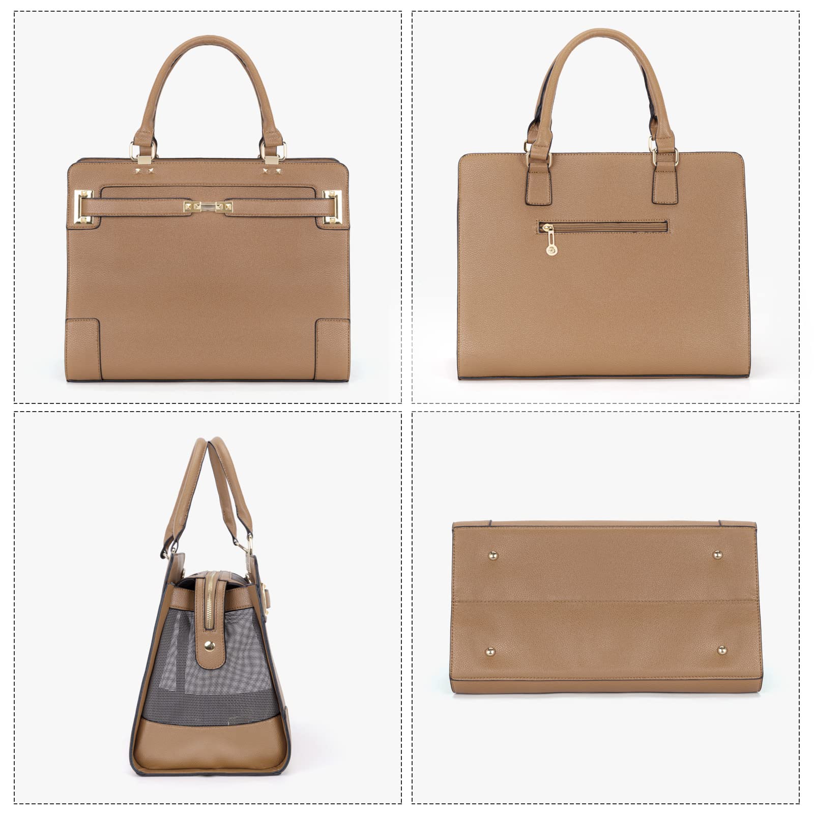 Fashion Pet Carrier Dog Cat Carrier Purse Soft-Sided Leather Handbag Pet Tote Bag For Small Dogs Puppy And Cats Tsa Airline Approved (Khaki)