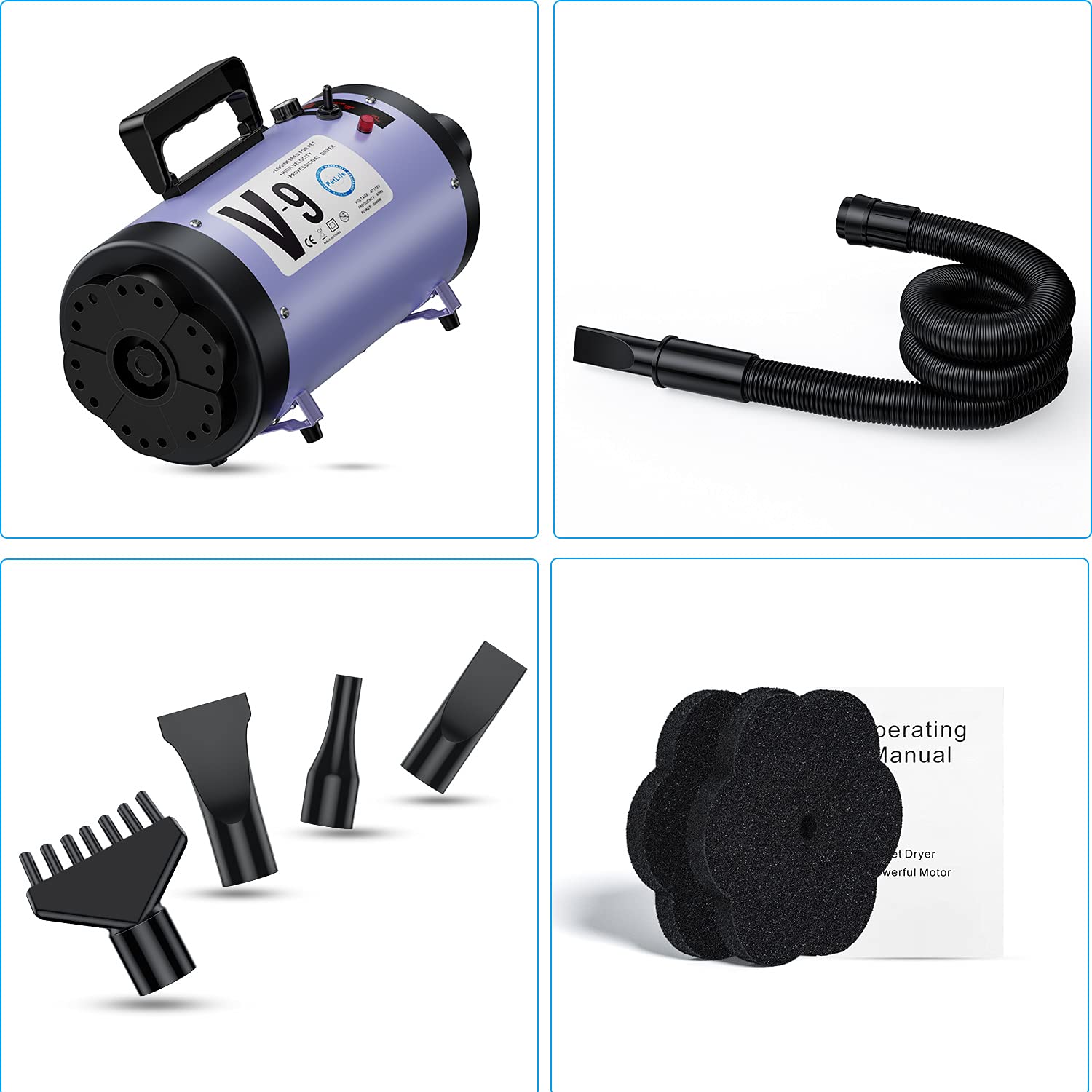 Professional Dog Grooming Dryer With Heater, 4.3Hp High-Power Dog Blower, Variable Speed Adjustable, Low Noise Pet Hair Dryer For All Breeds(Purple)