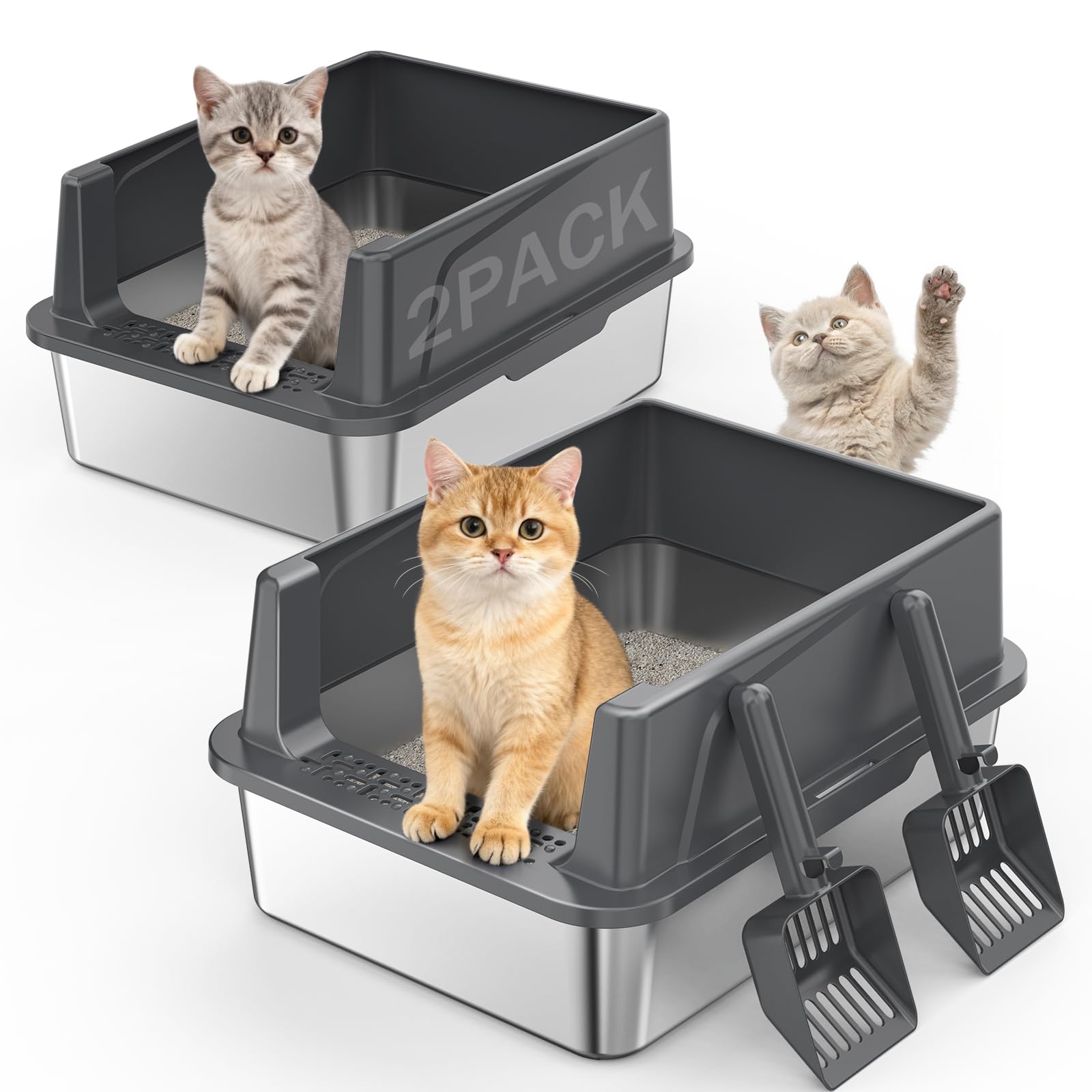 2PACK Stainless Steel Cat Litter Box with Lid, High-Sided Metal Litter Pan for Small Cats, Kitty Litter Box, Non-Stick & Odor-Re