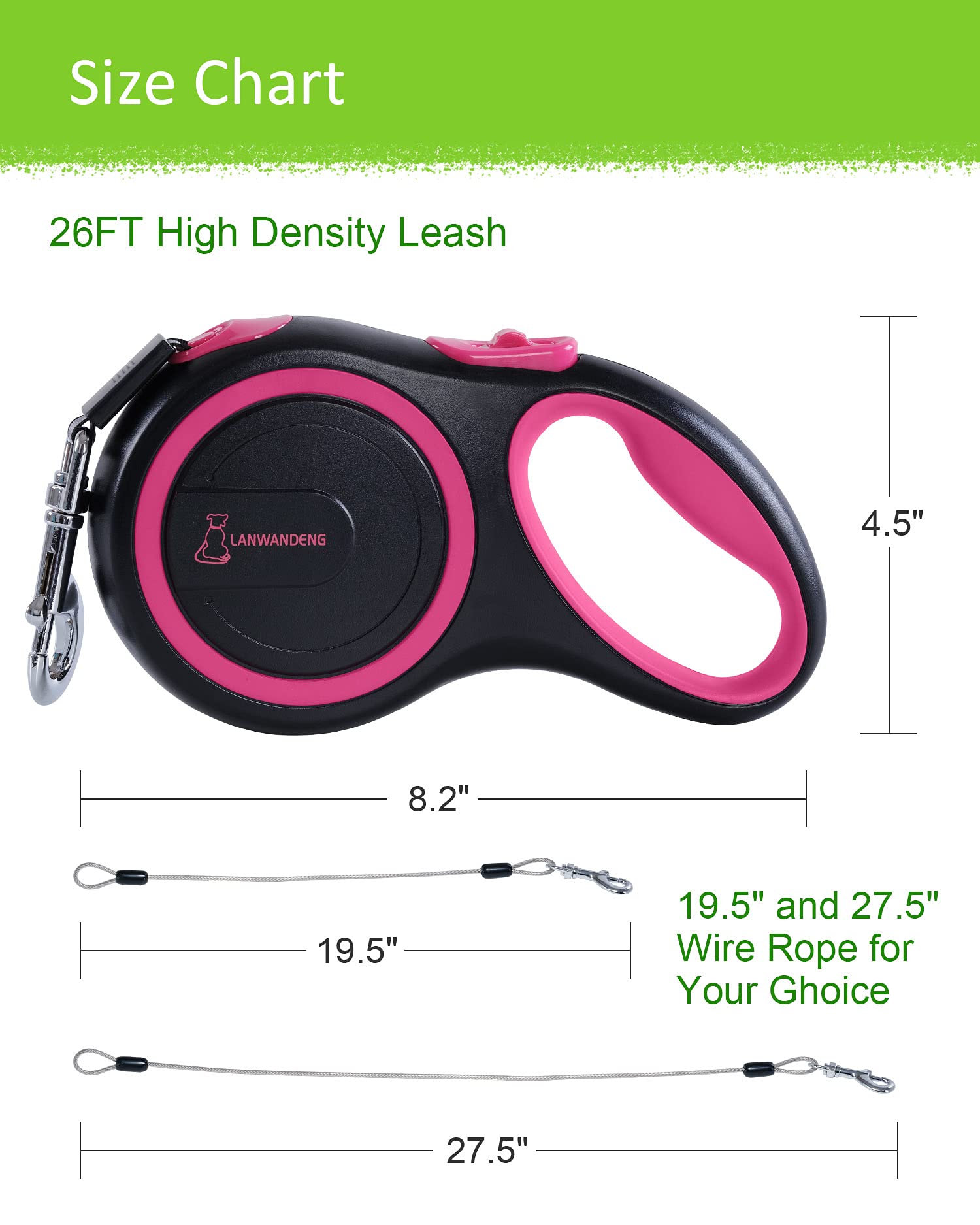 Lanwandeng 26FT Heavy Duty Retractable Dog Leash, Pink, 2 Chew Proof Ropes, 360° Tangle-Free, Anti-Slip Handle for All Dog Sizes
