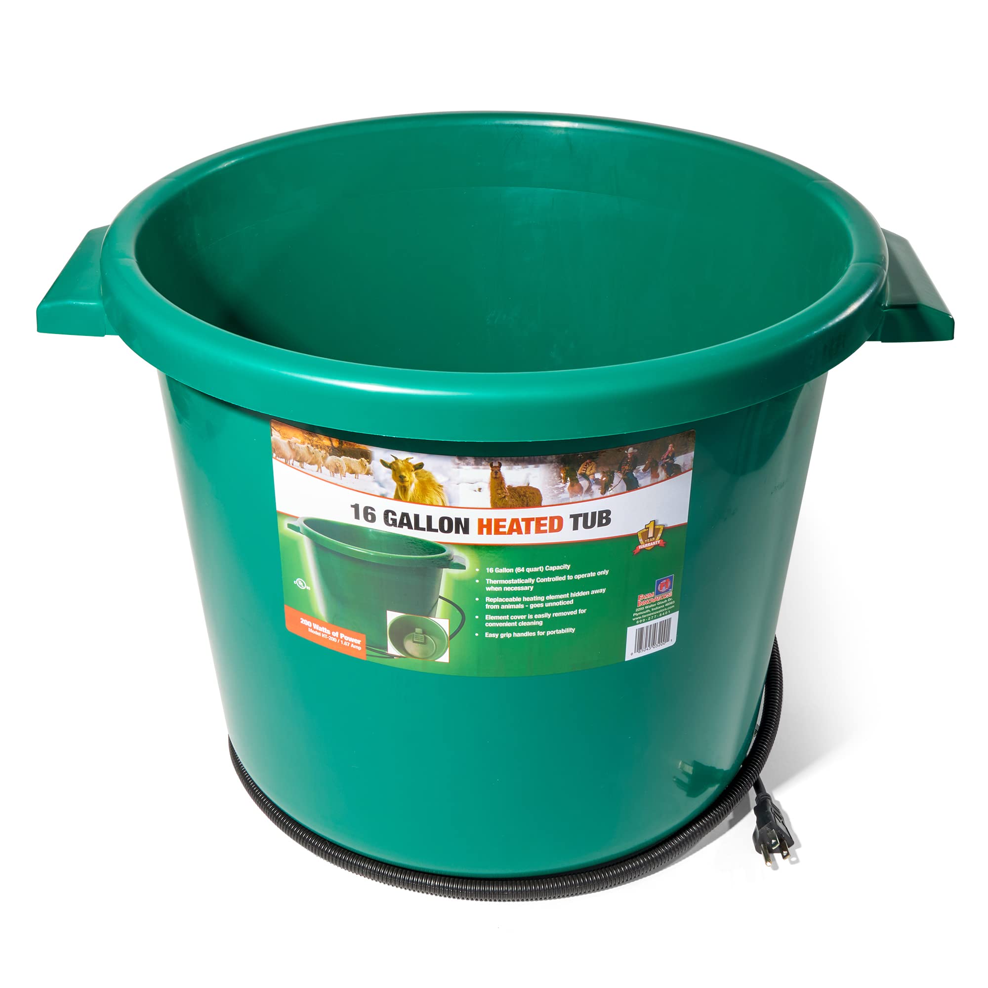 Farm Innovators Ht-200 16 Gallon Plastic Heated Livestock Pet Farm Animal Water Bucket Tub With Hidden De-Icer Heating Element, Green