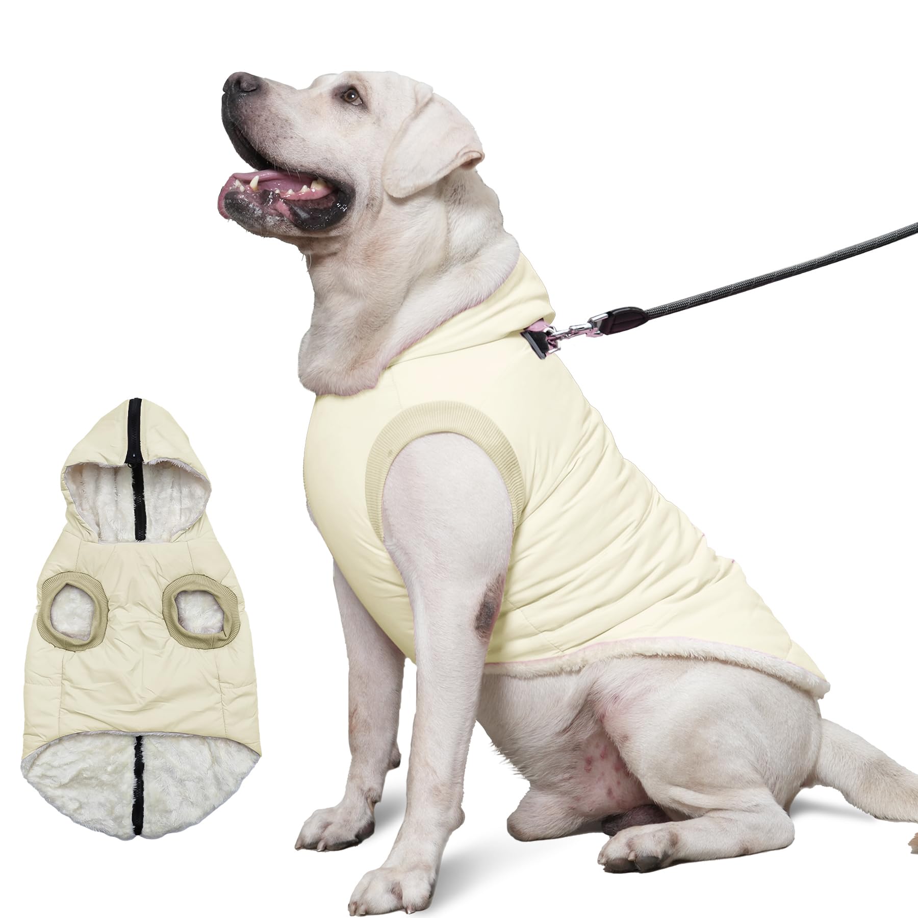 Vecomfy Fleece Lining Dog Hoodie With Harness Built In,Extra Warm Large Dog Jacket In Winter Doggie Coats With Hooded,Light Yellow Xxl