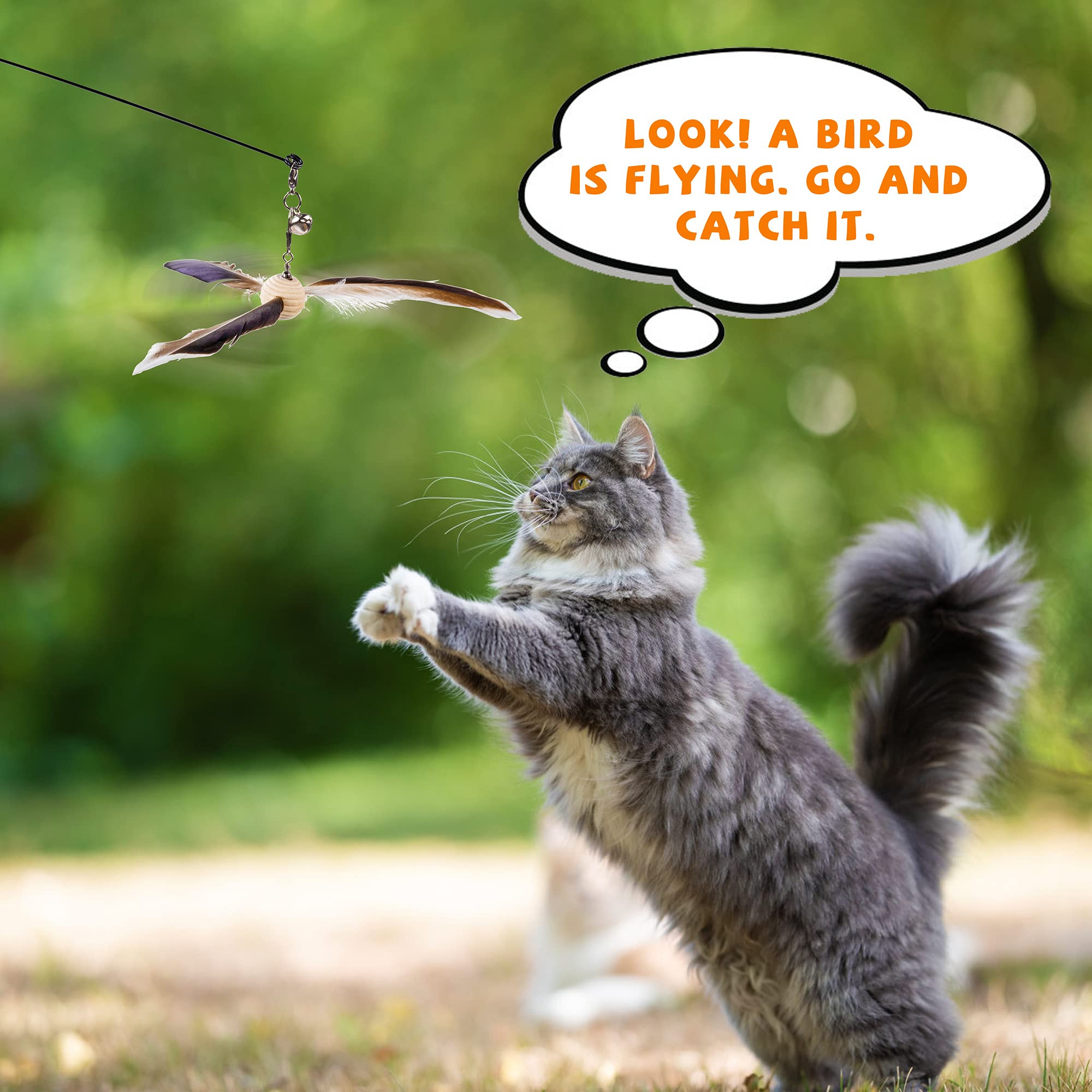 Jxfukal Cat Wand Toys, Interactive Cat Teaser With 3 Feather Refills, 29'' Flexible Steel Wire, Sturdy Wood Handle & Bell For In