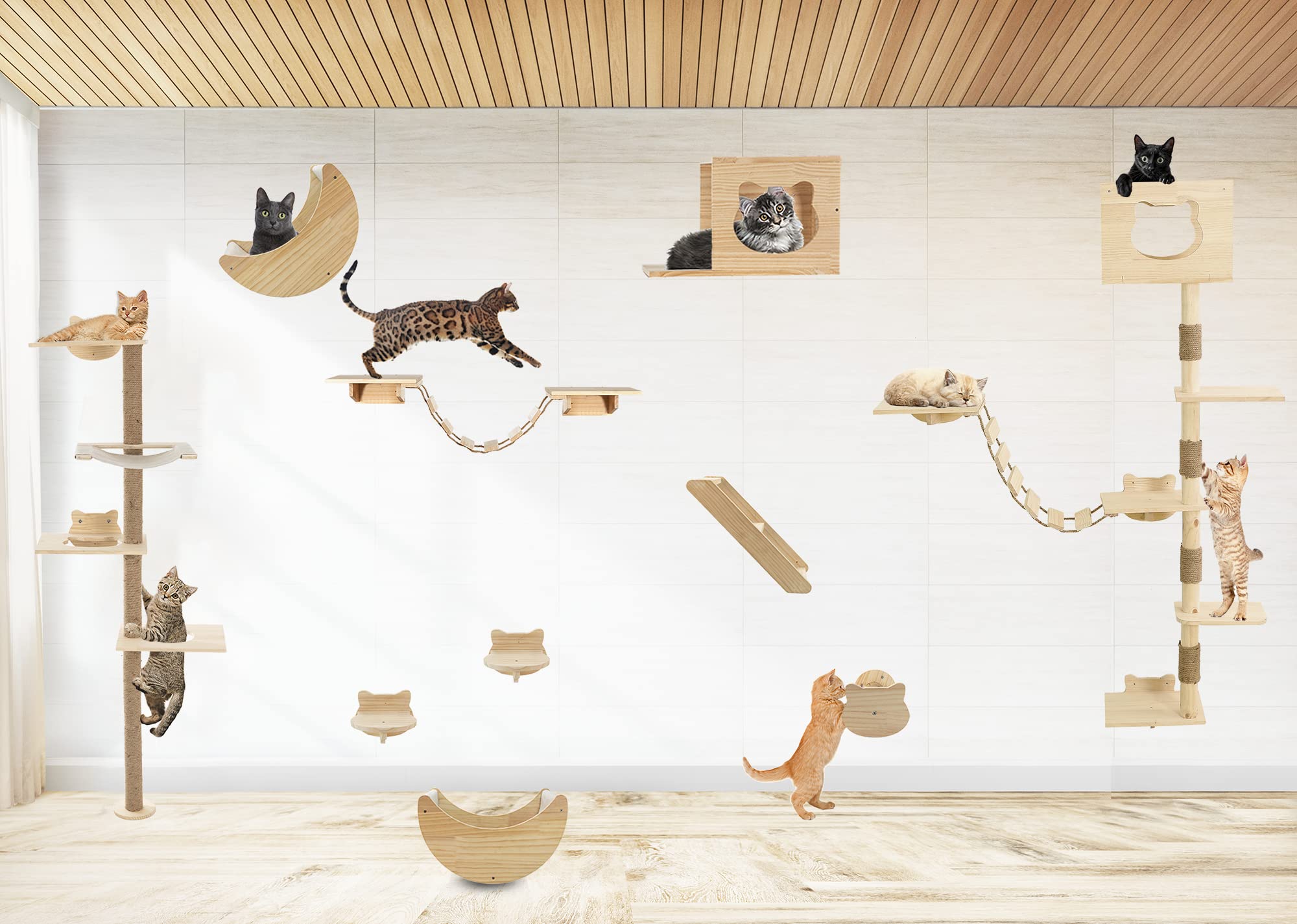 Cat Tree Wall Mounted Tall Scratching Post For Indoor Cats Climbing Tower Activity Wood Cat Wall Furniture 73 Inch