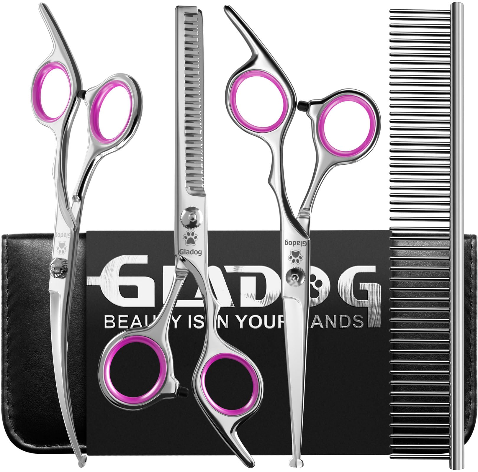 Gladog Professional 5 In 1 Dog Grooming Scissors Set With Safety Round Tips, Sharp And Heavy-Duty Pet Grooming Shears For Cats (