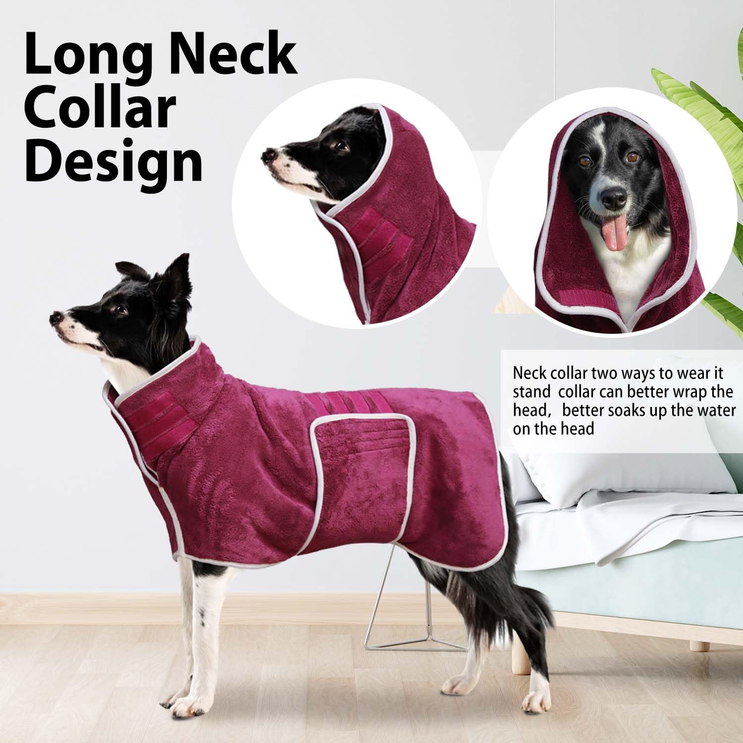 Dog Bathrobe Drying Coat - Super Absorbent Bath Robe For Large Dogs, Soft Adjustable Collar & Belly Strap Fast Drying Pet Towel