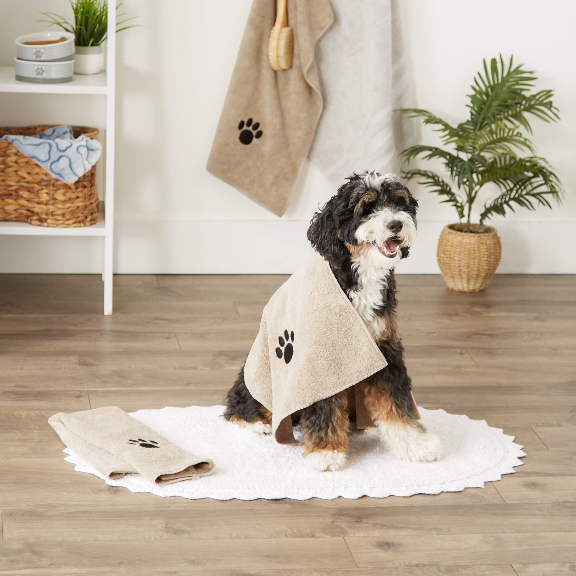 Bone Dry Pet Grooming Towel Collection Absorbent Microfiber Drying Set, 15x30, Embroidered Taupe, 3 Count