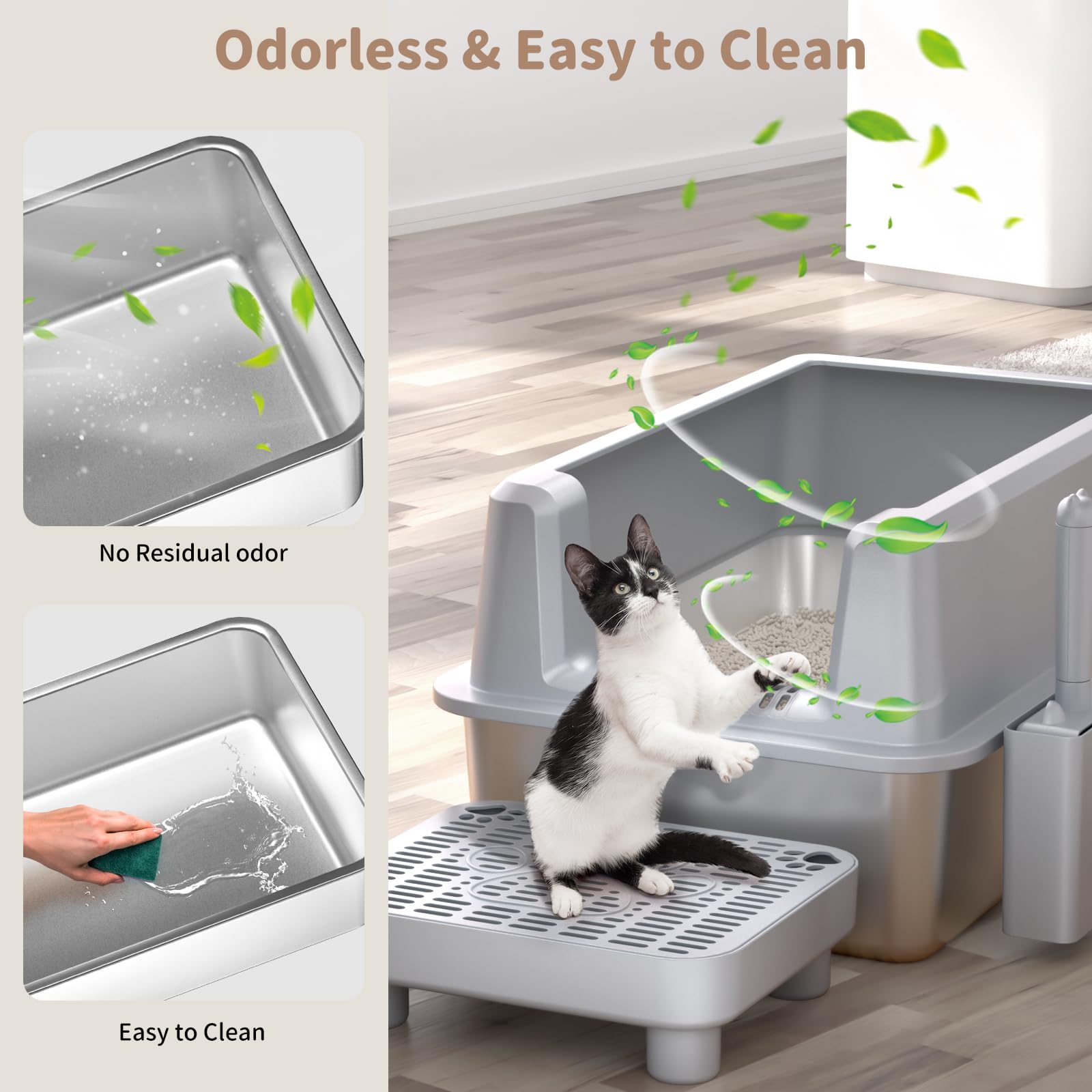 Perehome Stainless Steel Cat Litter Box With Lid, Extra Large Metal Litter Box For Big Cats Xl High-Sided Steel Litter Pan With