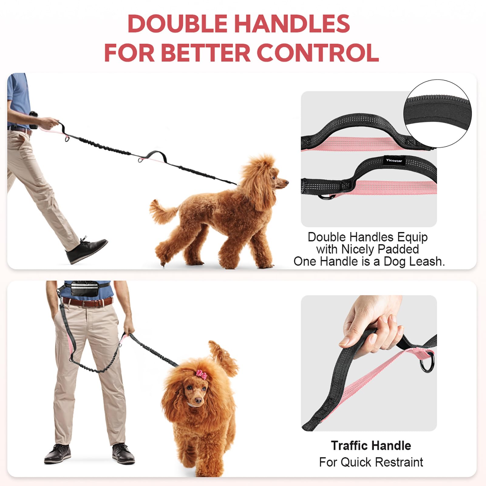 Yicostar Hands Free Dog Leash, Waist Leash For Dog Walking 2 Dogs, Double Dog Leash For Two Dogs With Padded Handles, Dog Leashe
