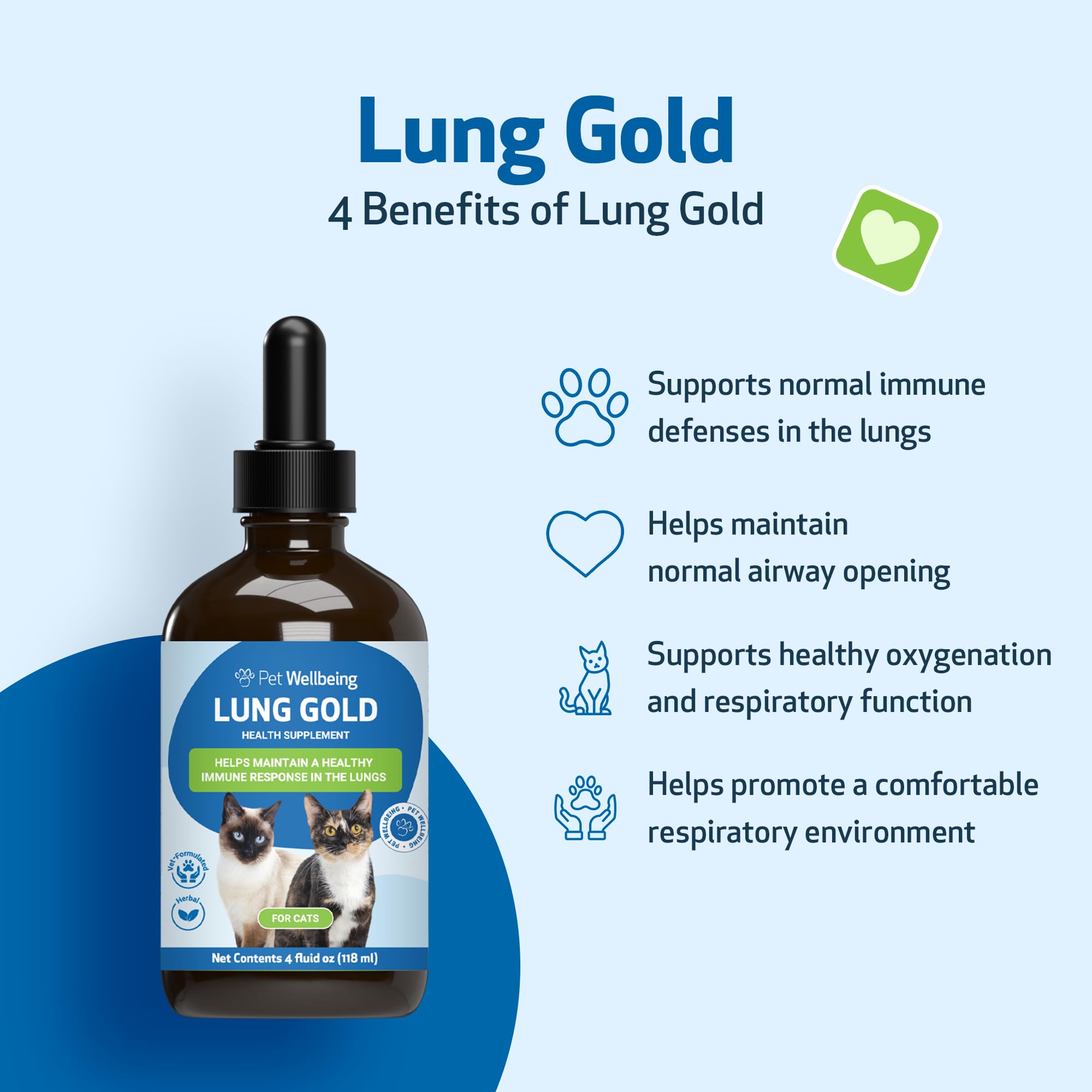Pet Wellbeing Lung Gold for Cats - Lung Immune Support, Lower Respiratory Health, Open Airways, Normal Breathing, Reishi, Coptis