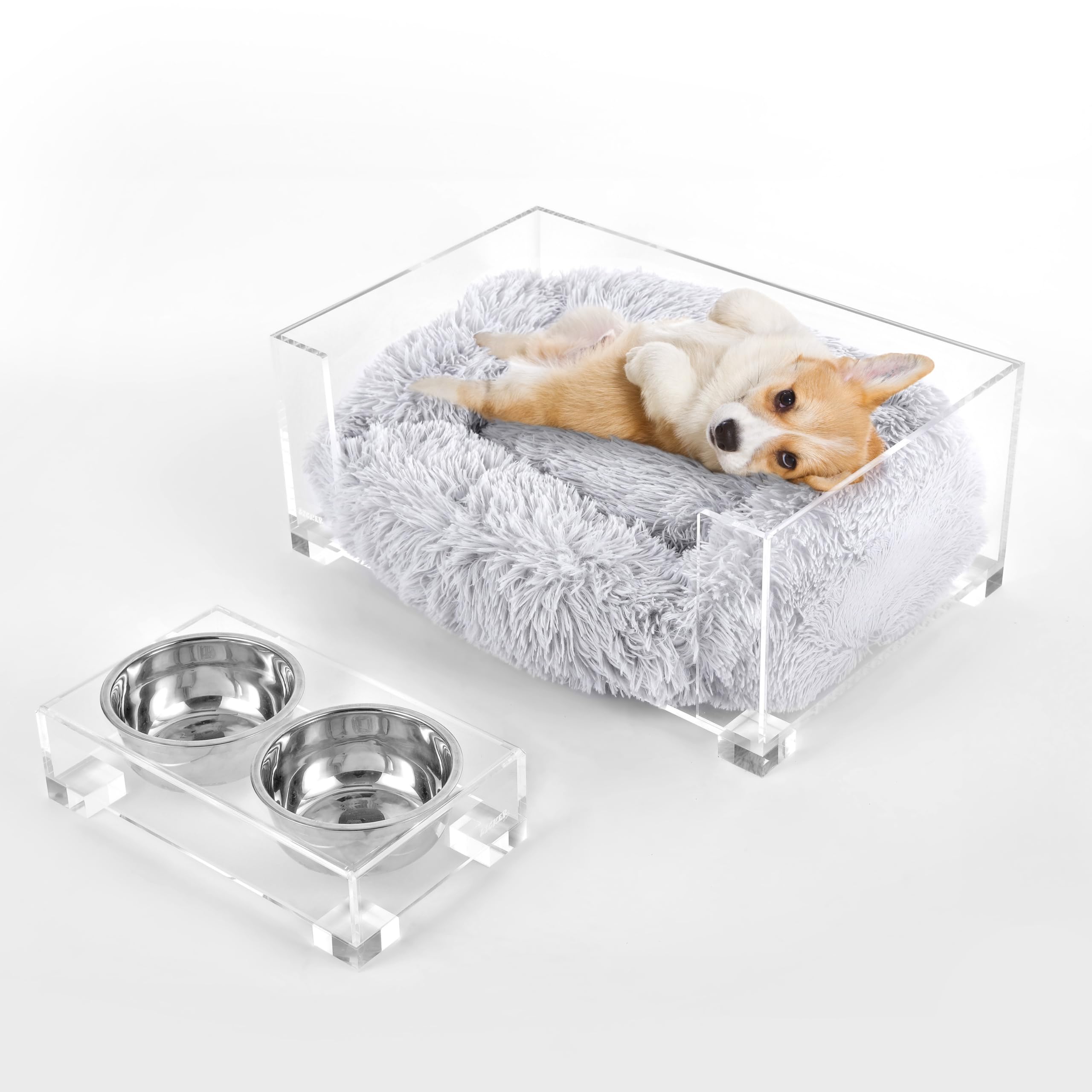 The LICKER Store Billie 24 x 15.75 Small Modern Lucite Pet Bed with Washable Cushion and 4 Elevated Pet Feeder with 27 oz 2-Stai