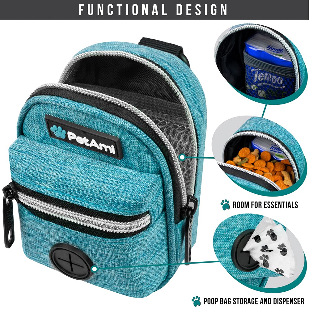 Petami Dog Poop Bag Holder | Dog Waste Bag Dispenser With Clip For Leash And Belt | Portable Fabric Doggy Waste Bag Holder For Walking Hiking Running Travel - With One Roll Of Dog Bag (Teal Blue)