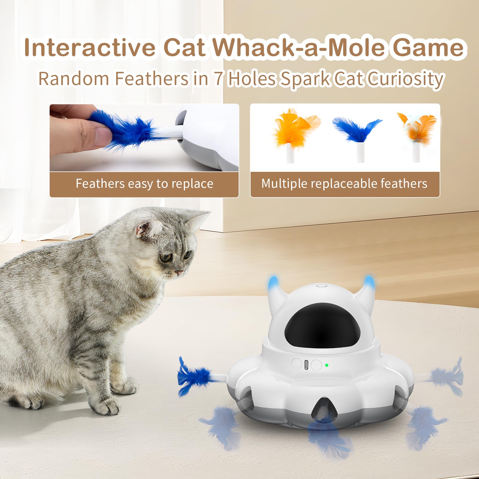 Cosicosy 2-in-1 Interactive Cat Toys for Indoor Cats, Automatic Cat Toy with 7 Holes Mice Whack A Mole Moving Feather, Smart Cat