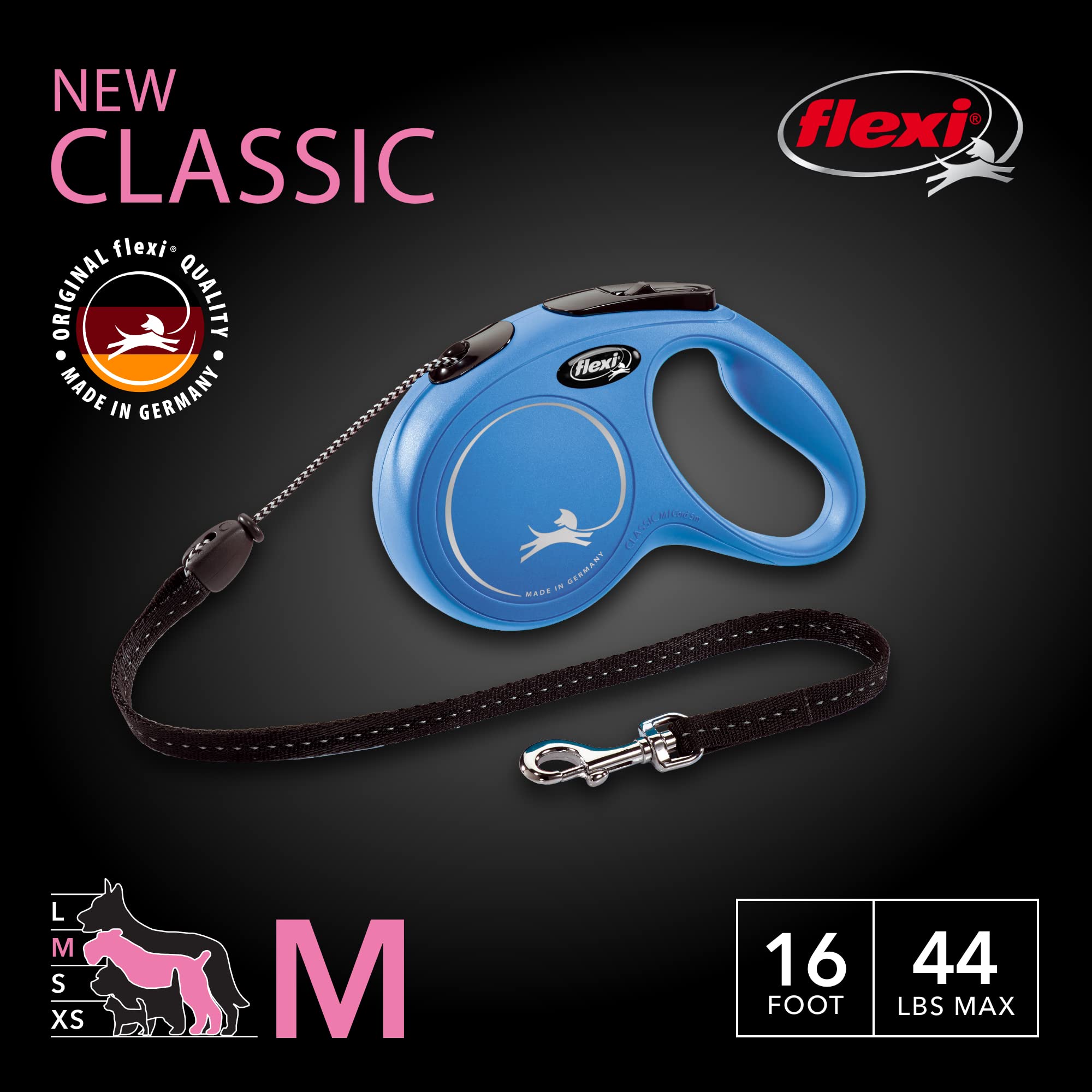 Flexi New Classic Cord Retractable Dog Leash For Medium Dogs Up To 44 Lbs. – 16 Ft., Blue | Tangle-Free Pet Walking Leash With One-Handed Brake, Pause, Lock|German Quality Product