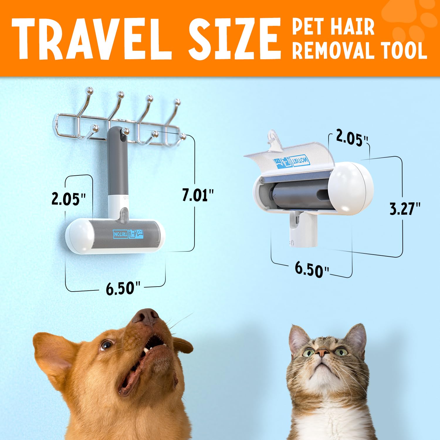 Triton Pet Hair Remover Tool - Travel Size, Detachable Handle, Gray/White, Fur Trapping Compartment, Reusable for Cats & Dogs