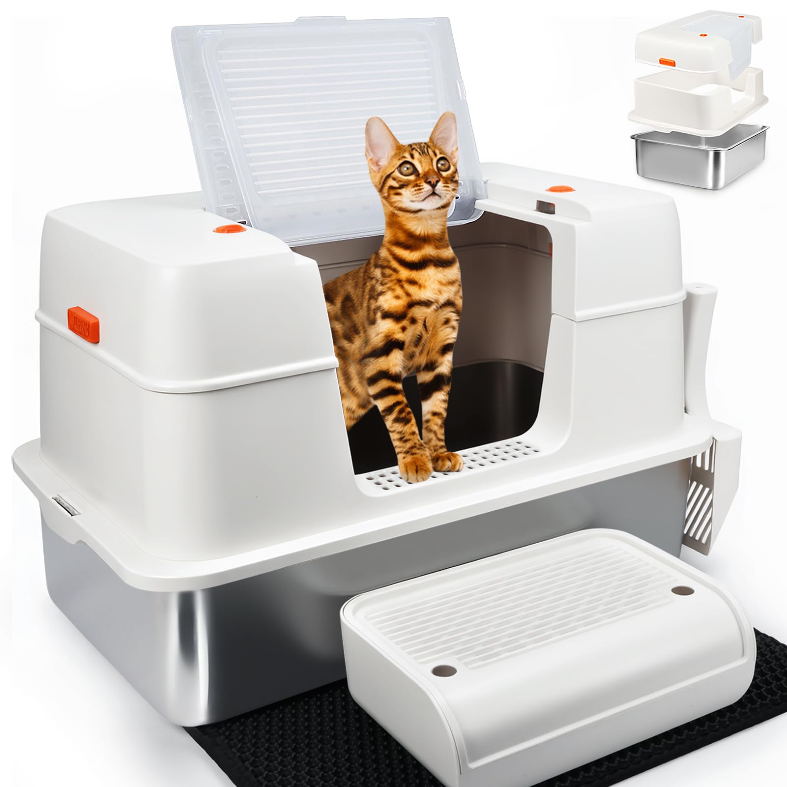 Szee Stainless Steel Litter Box With Lid, Easy To Clean And No Absorb Odor, Extra Large Litter Box With Open/Enclosed Modes, Inc