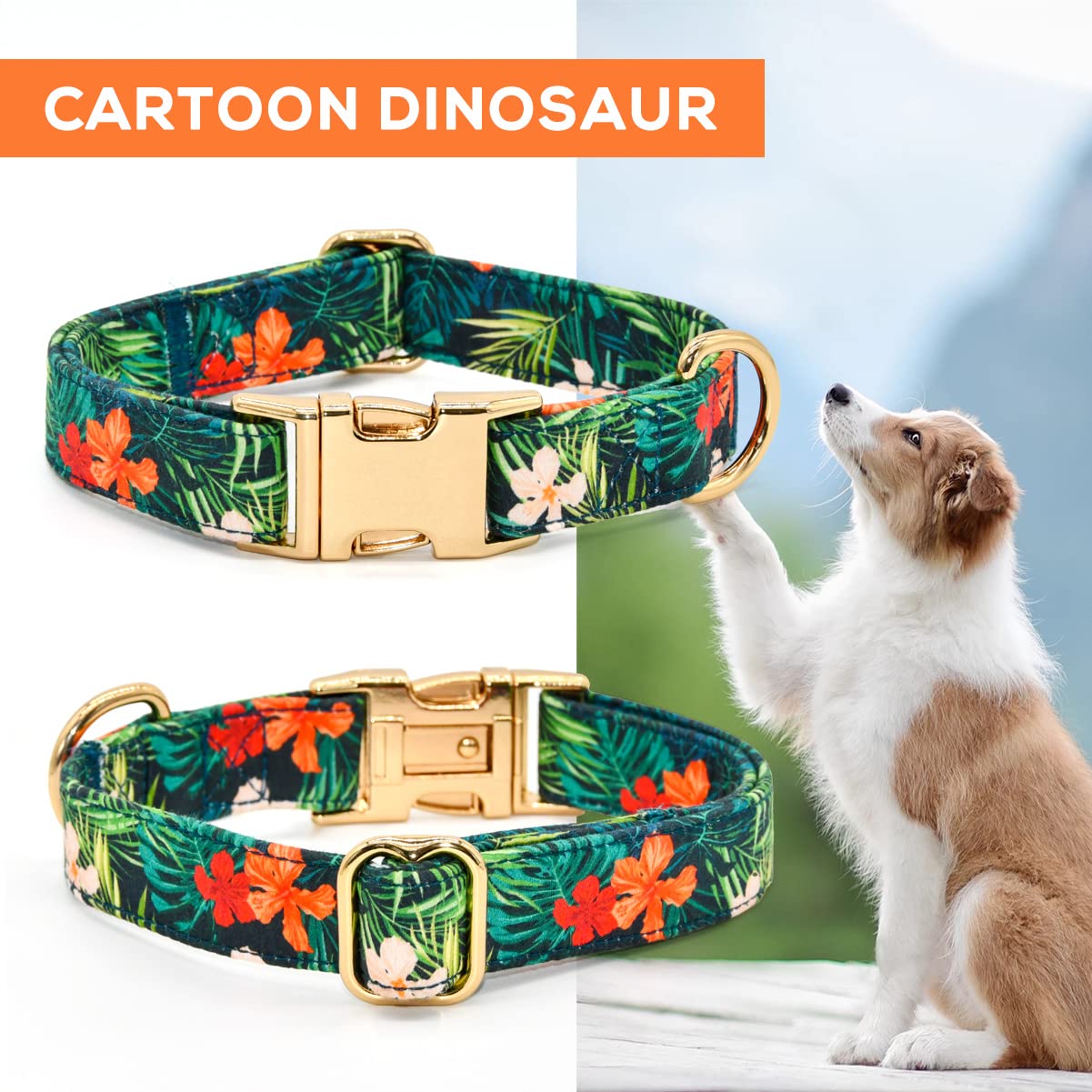 Summer Dog Collars With Bow Tie, Floral Tropical Leaf Bowtie Accessory For Dogs, Gold Metal Accessories Collars For Small Medium