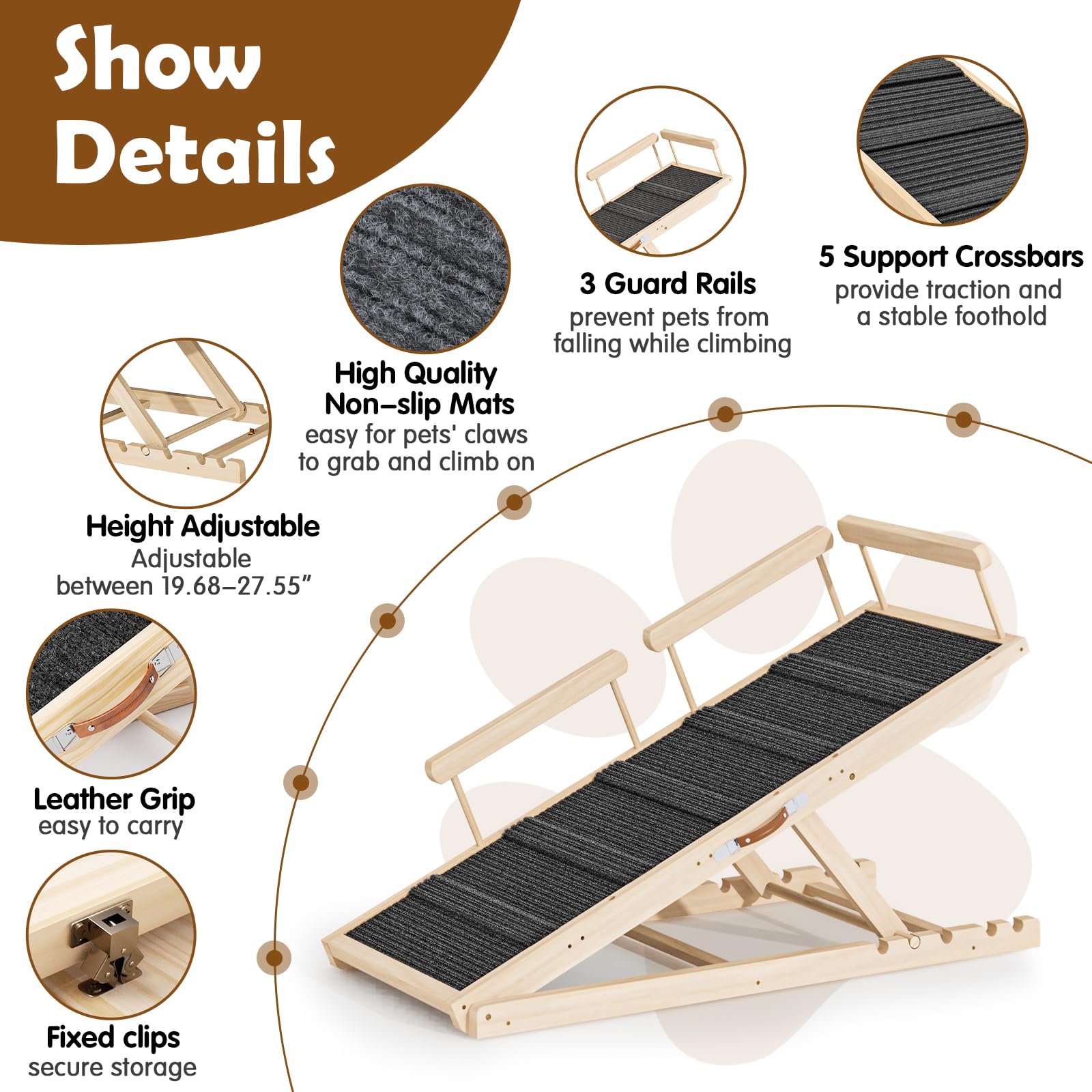 Dog Ramp For Couch, Bed Or Car, Wooden 55'' Long Pet Stairs For Small & Large Old Dogs & Cats, Hold Up To 250Lb, 6 Adjustable He