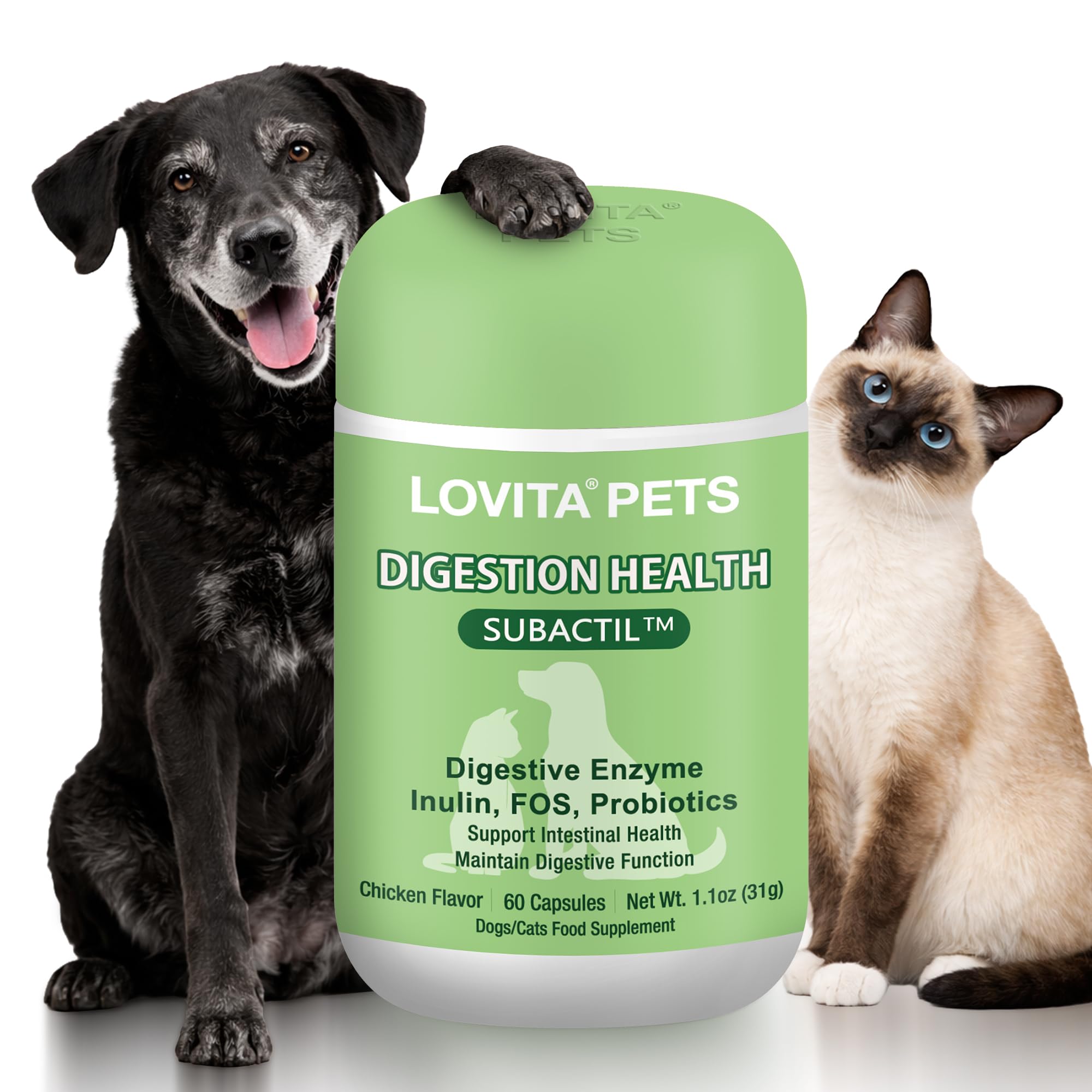 LOVITA Pets Digestive Health Probiotic for Dogs & Cats, SUBACTIL PB6 Spore Probiotic, 6-Strain Blend with Prebiotics (Inulin & F