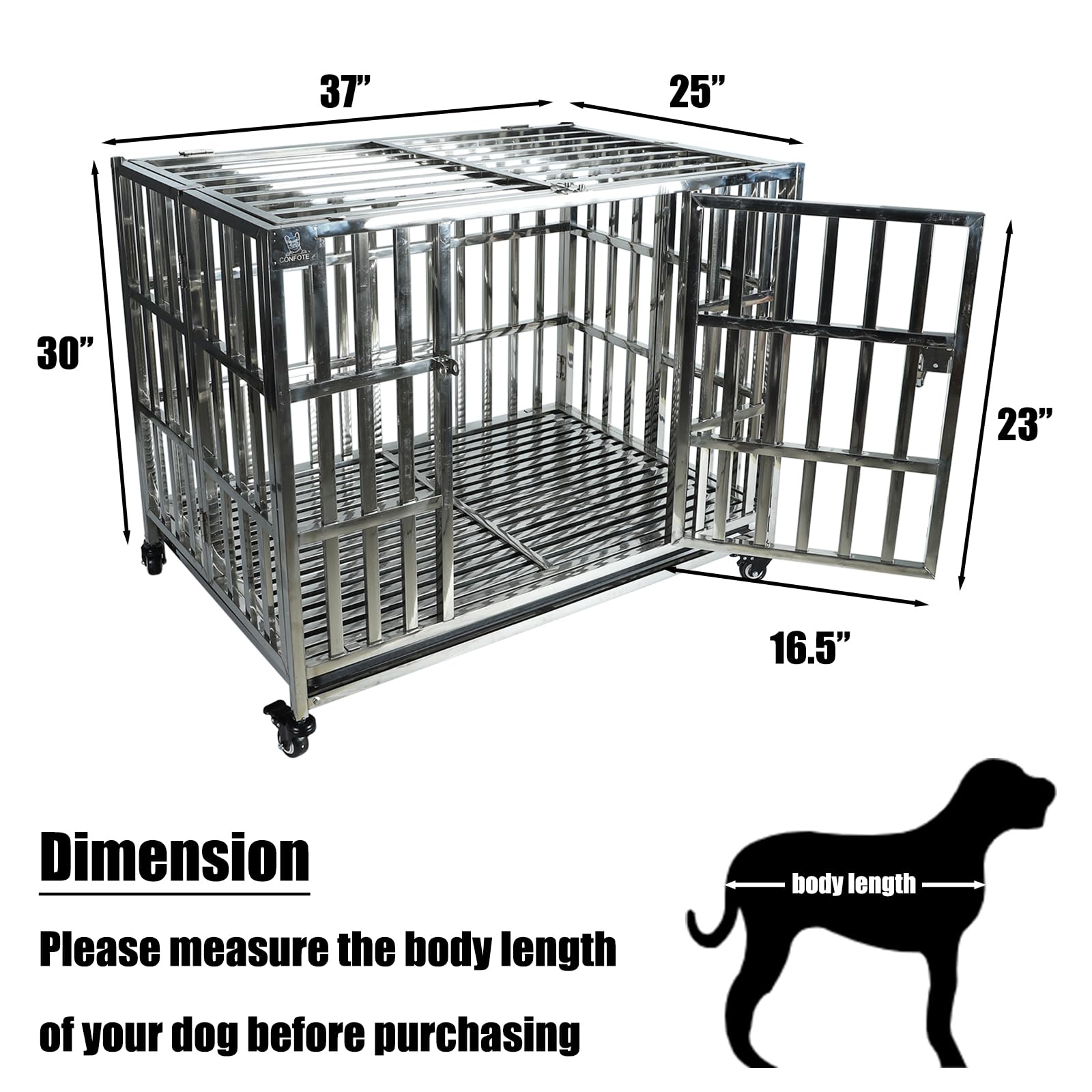 Confote 37 Inch Heavy Duty Stainless Steel Dog Cage High Anxiety Indestructible And Escape-Proof Dog Crate Kennel For Small Dogs