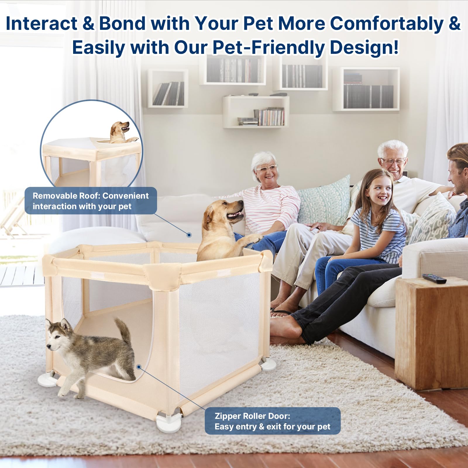 58''X58''X30'' Large Dog Playpen Indoor, Extra Tall Puppy Playpen With Removable Roof, Sturdy Fabric Mesh Dog Pen For Medium To