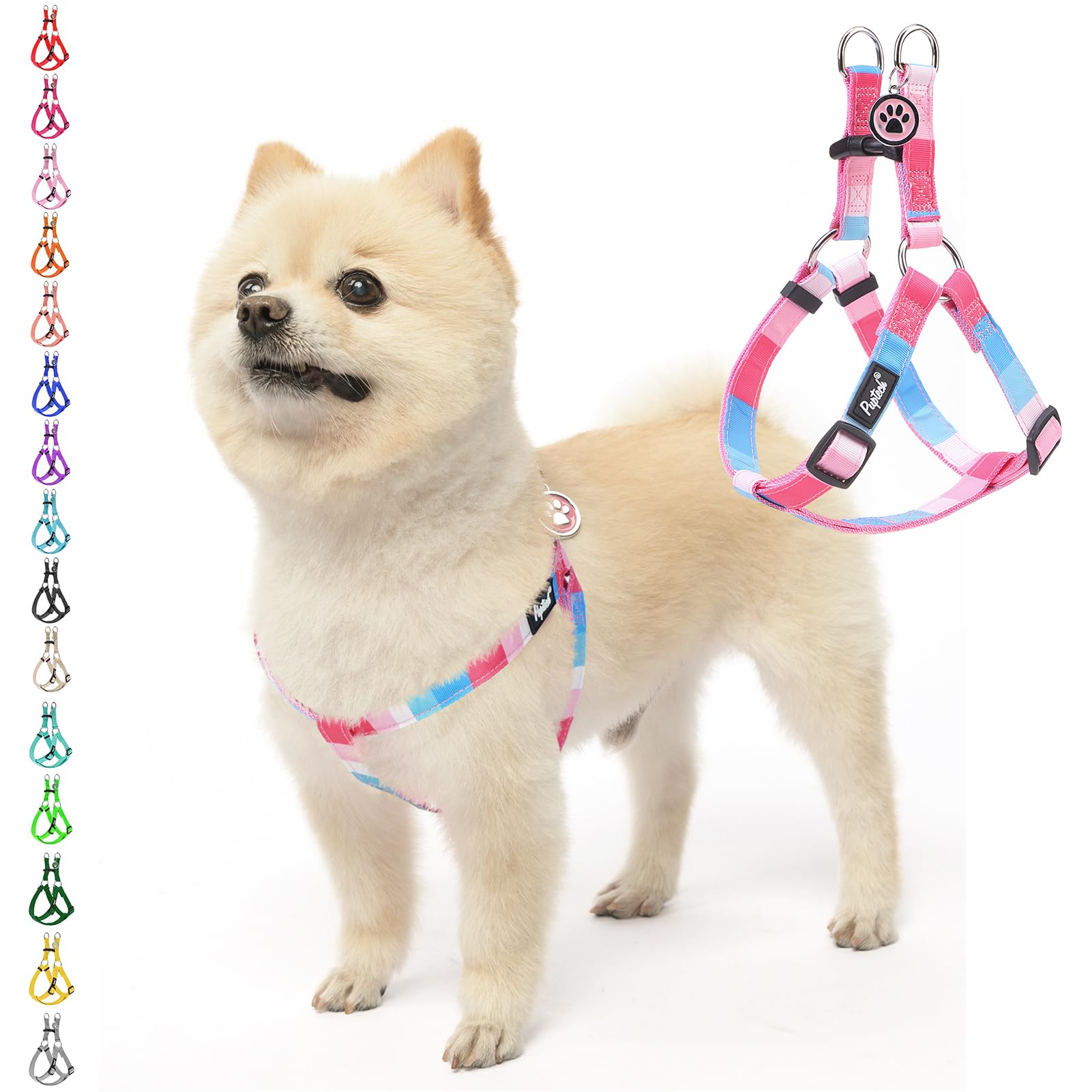 Pupteck No Pull Dog Harness Soft Adjustable Basic Nylon Step In Puppy Vest Outdoor Walking With Id Tag, Striped Pink, S