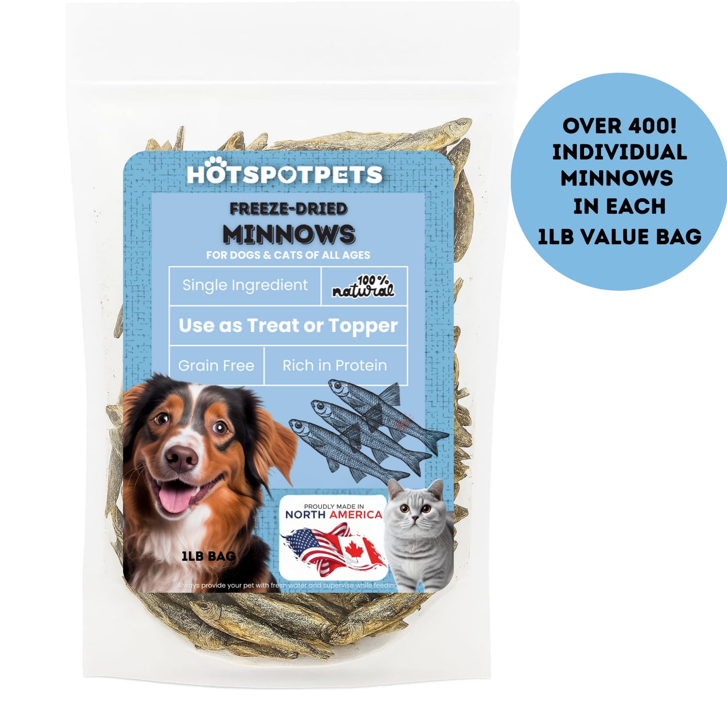 hotspot pets Freeze Dried Minnows - Healthy Treats for Cats & Dogs -1 Pound Big Bag (Made in USA) All Natural, High Protein, Ric