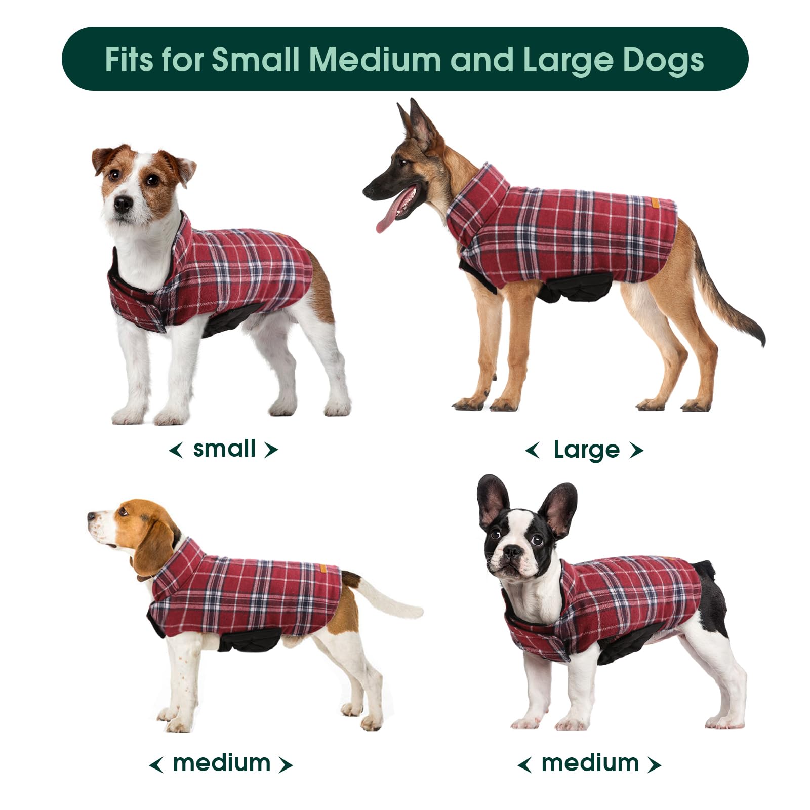 Kuoser Warm Dog Coat, Reversible Dog Jacket Waterproof Dog Winter Coat British Style Plaid Dog Clothes Pet Dog Cold Weather Coat