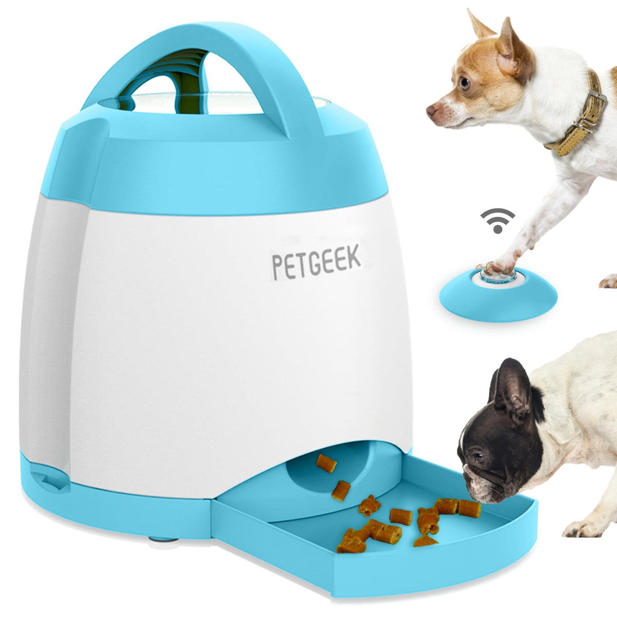 Petgeek Automatic Dog Treat Dispenser With Button, Dog Button Feeder With Dual Power Supply And Remote Control, Dog Puzzle Toys And Interactive Dog Toys For Indoor Or Outdoor Play(Blue)