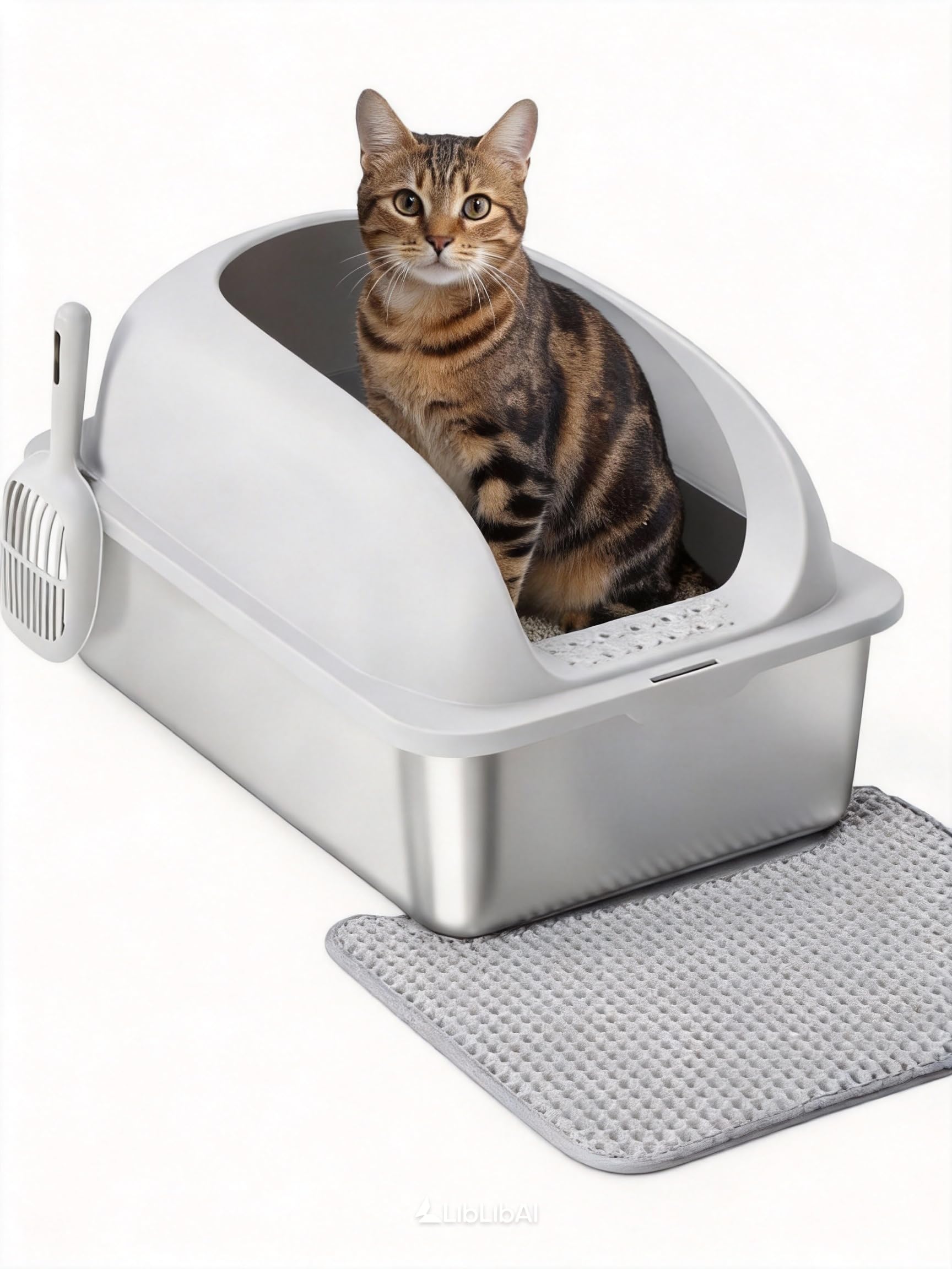 Simple Deluxe XL Stainless Steel Cat Litter Box with Lid, High Sided Metal Litter Pan for Large Cats, Urine-Proof Non-Stick, Lig