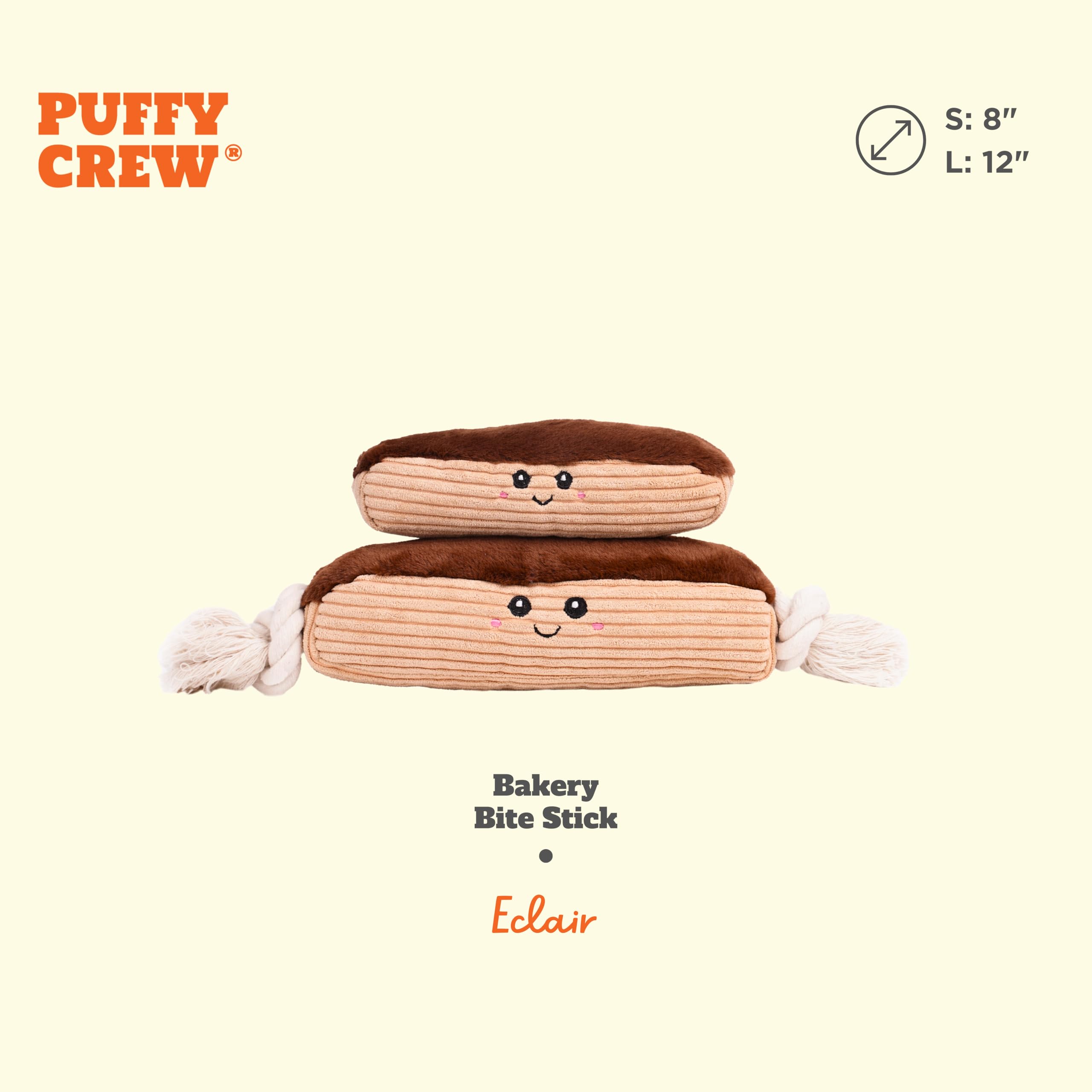 Puffy Crew Squeaky Dog Plush Toy, Bakery Bite_Stick Collection, 8'', For Small And Medium Dogs (Eclair, Small)