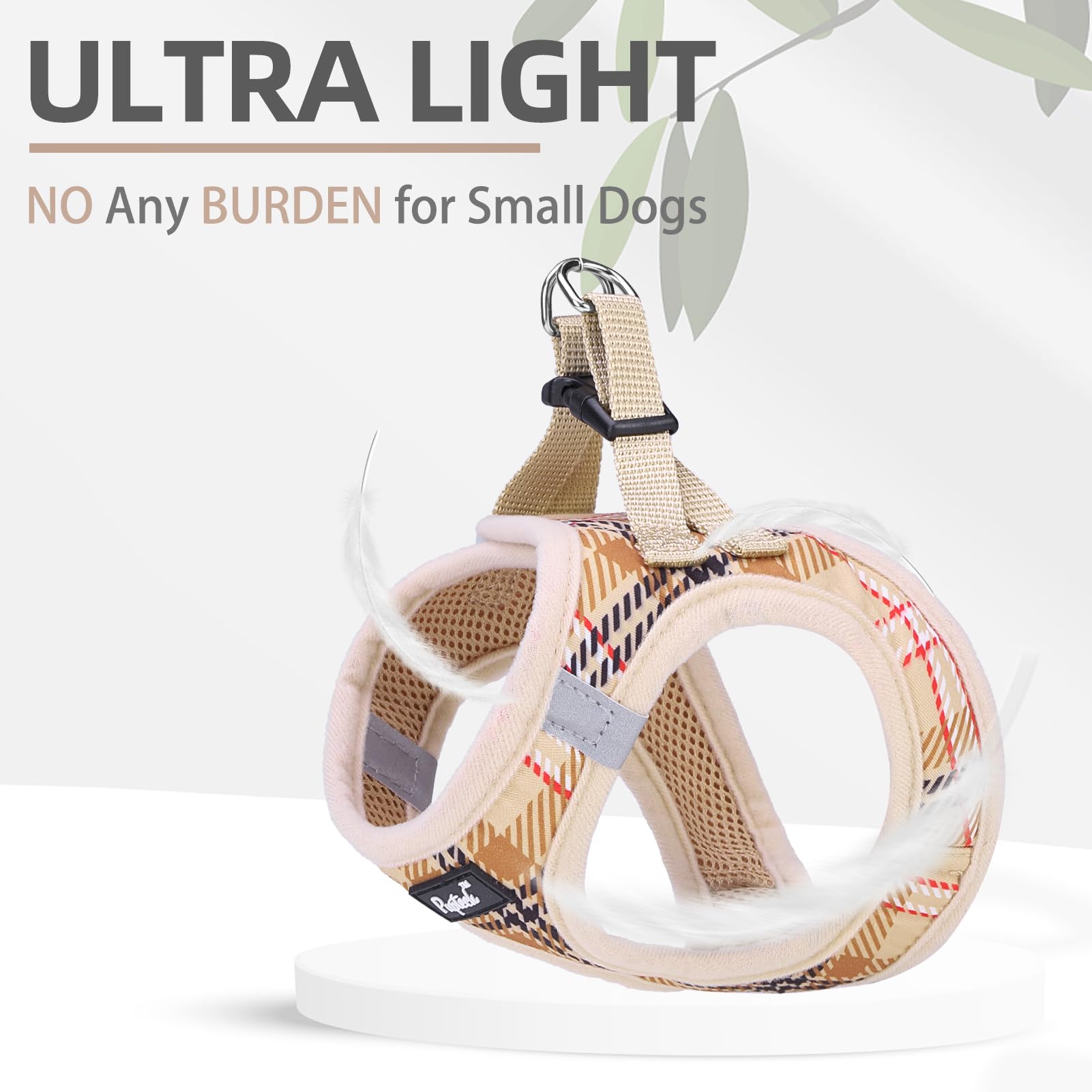 Pupteck Dog Harness And Leash Set For Small Medium Dogs No Pull Step-In Soft Mesh Puppy Cat Vest Harnesses Reflective At Night, Plaid Pattern Beige S