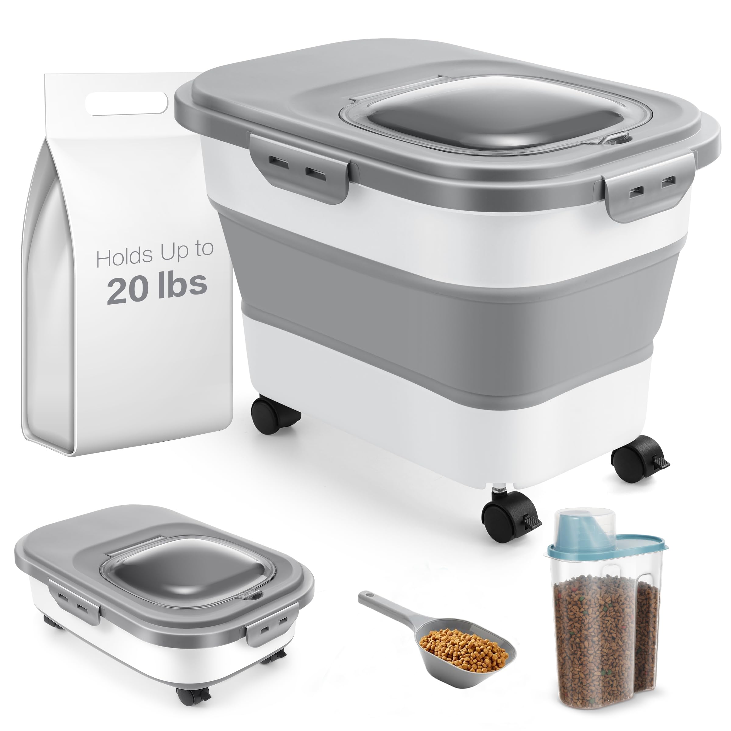 ANVS Airtight Collapsible Pet Food Container With Casters, Scoop and Small Container - Keeps Up To 20lbs Dry Dog Food Fresh (Gre