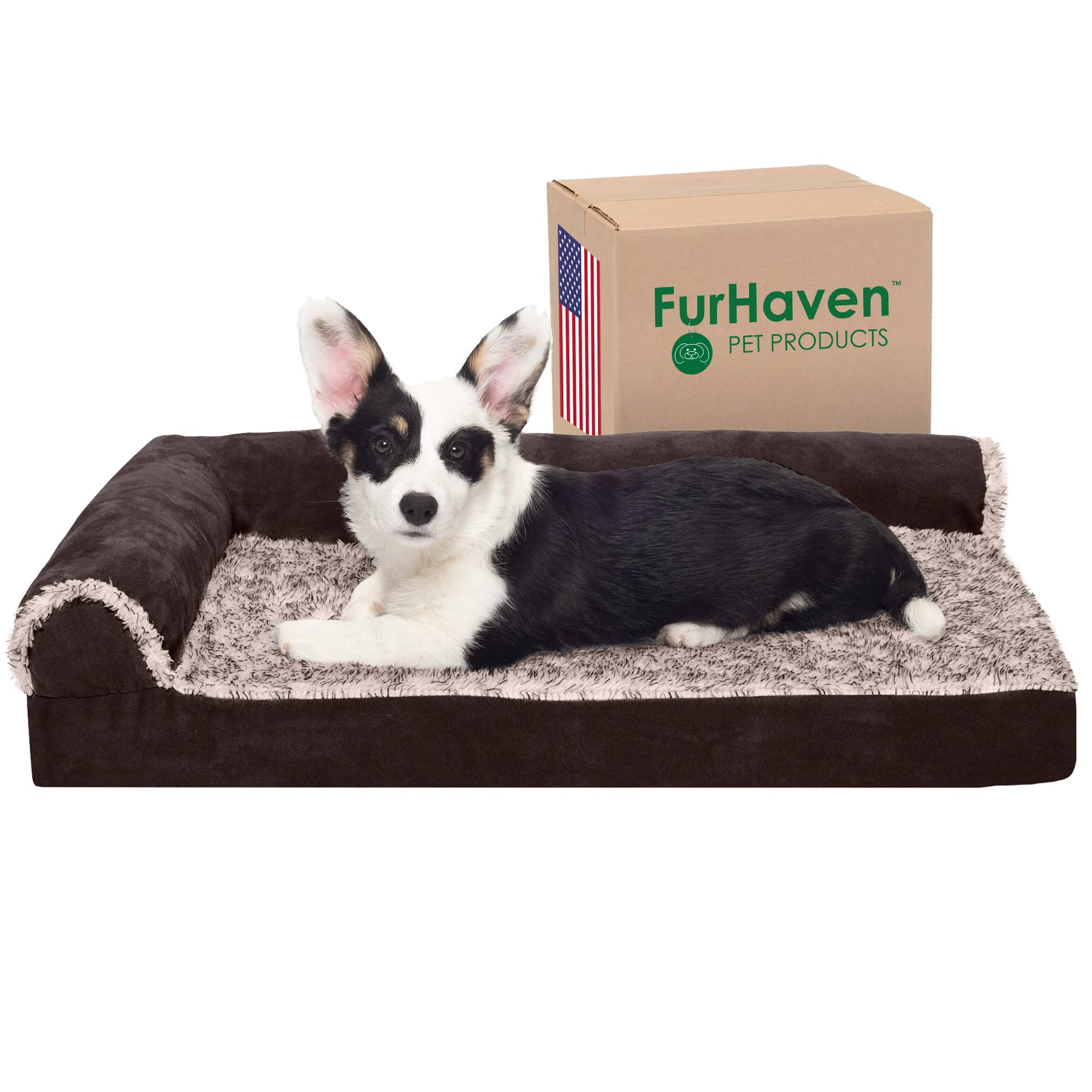 Furhaven Medium Orthopedic Dog Bed Two-Tone Faux Fur & Suede L Shaped Chaise W/ Removable Washable Cover - Espresso, Medium