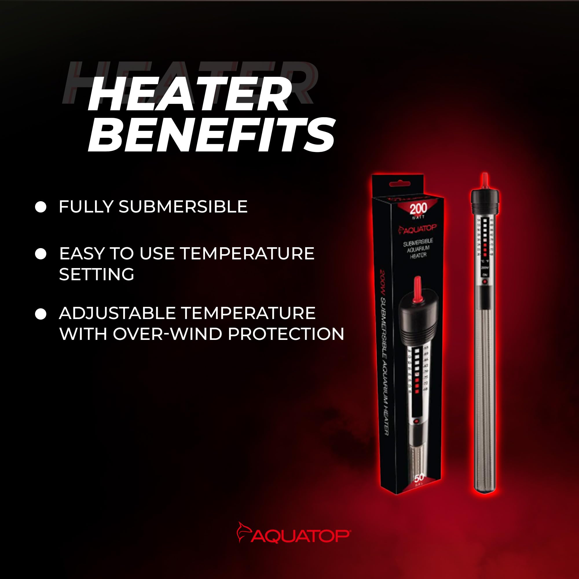 Aquatop 200W Submersible Aquarium Heater, Adjustable Temp for 50 Gallon Tanks, Black, Model GH-200WMKII, Freshwater & Saltwater Use