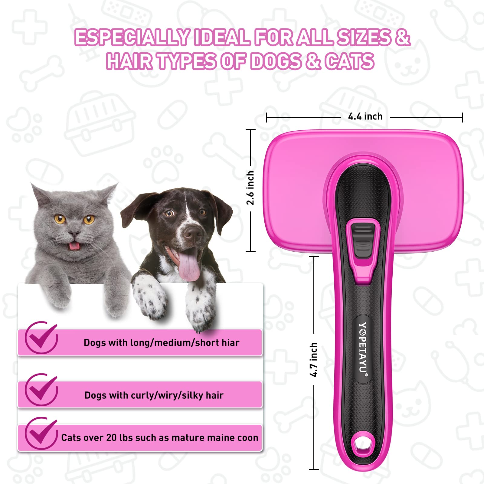 Dogs Self Cleaning Slicker Brush For Shedding & Grooming Long Short Haired, Cats Retractable Brushes For Large Medium Small. Gently Removes Loose Undercoat, Mats Tangled Hair From Pet'S Coat (Pink)