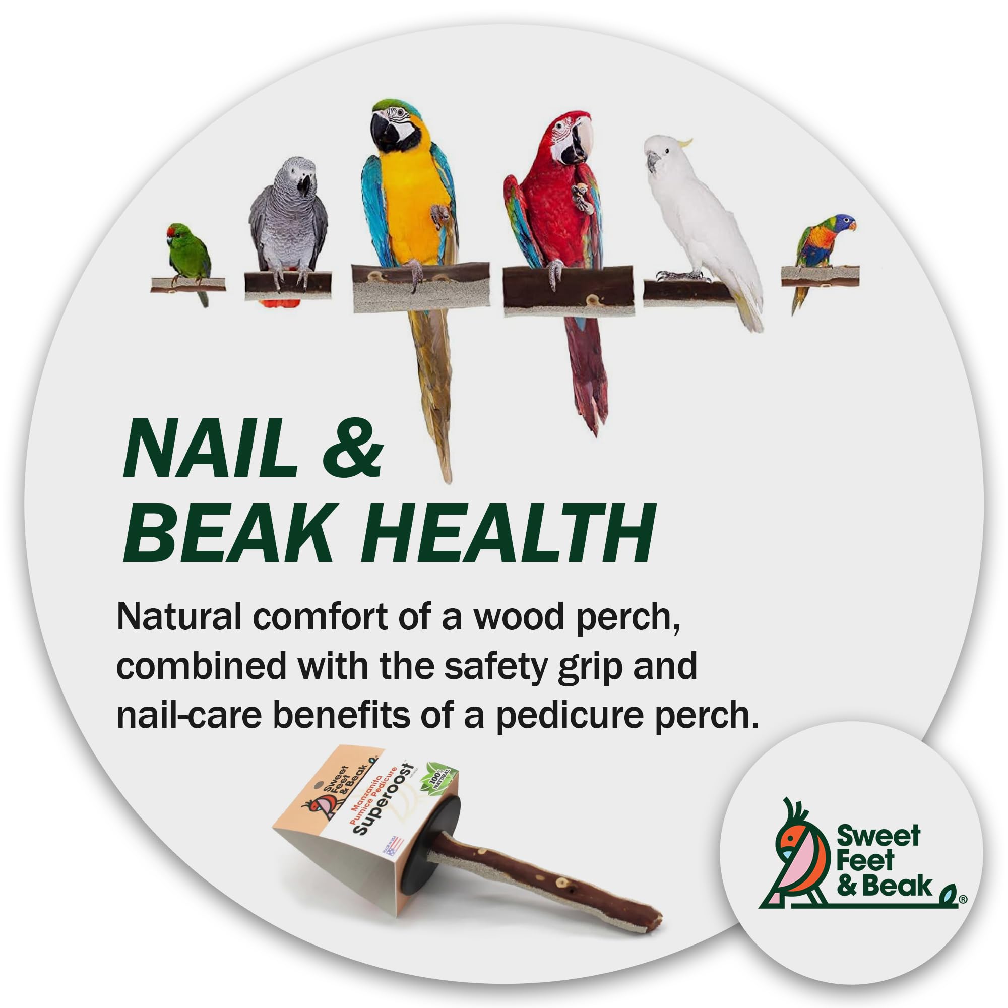 Sweet Feet And Beak Superoost Manzanita Pumice Pedicure Perch- Easy To Install Bird Cage Accessories For Healthy Feet, Nails And