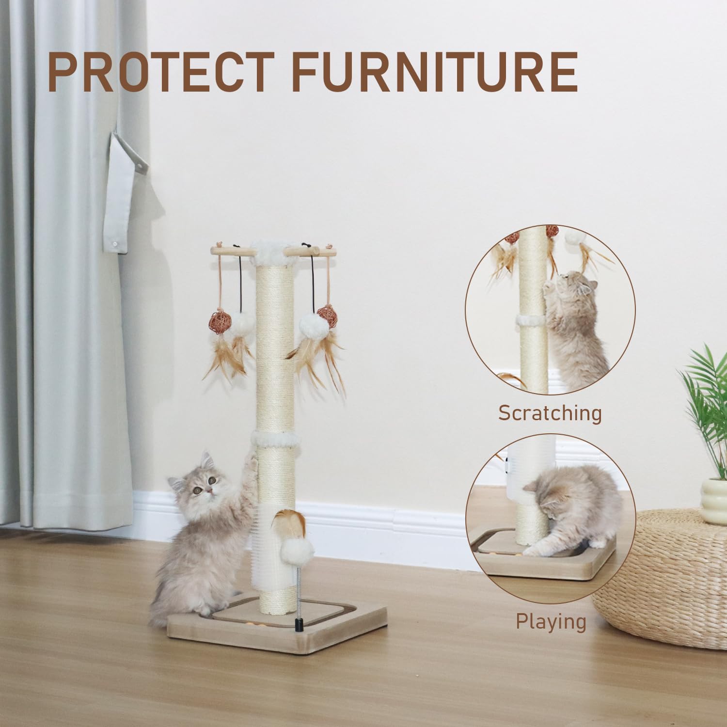 Peekab Cat Scratching Post 27 Inches Sisal Scratch Posts With Track Ball Toys For Indoor Cats,Kittens Scratcher Toy Beige