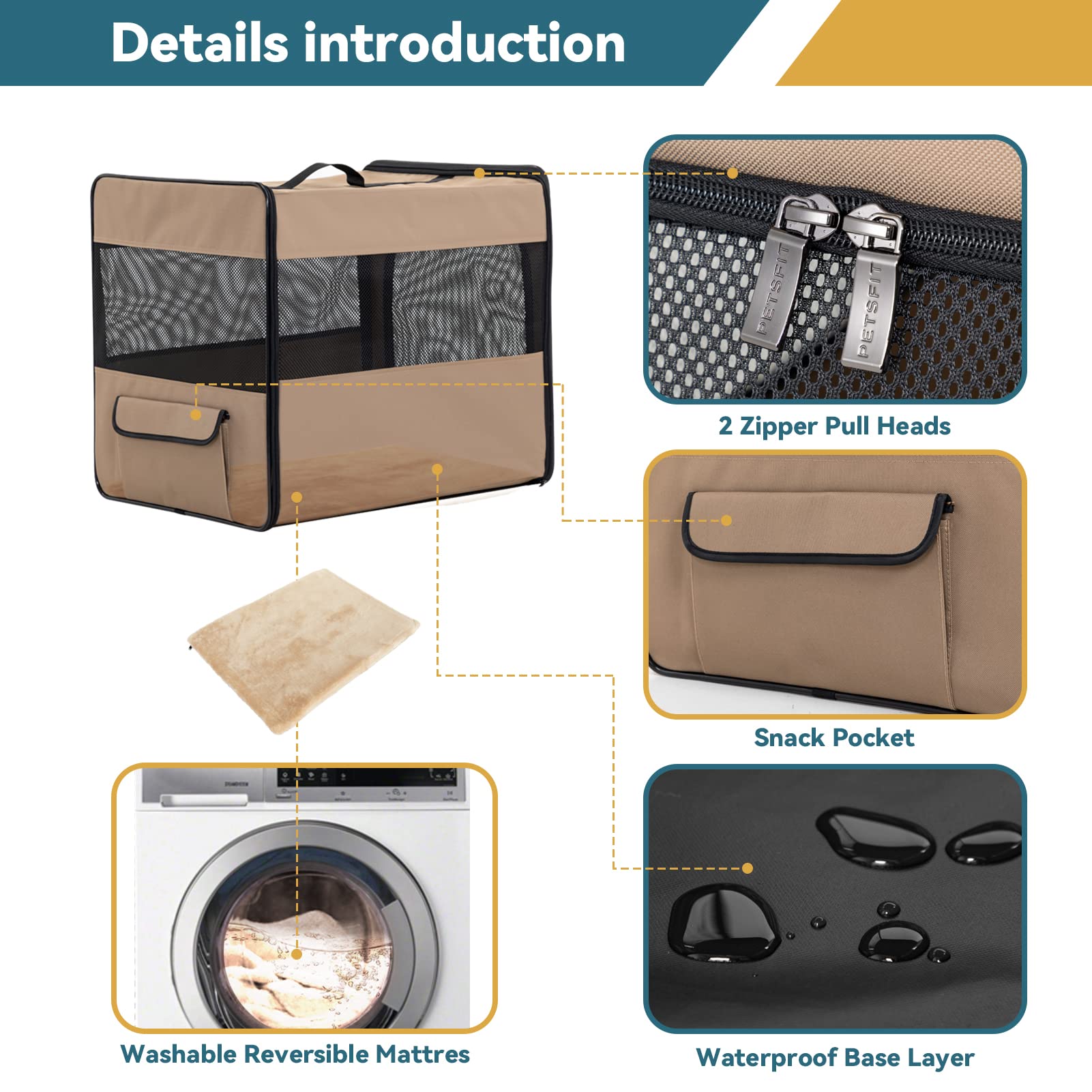Petsfit Collapsible Dog Crate, Dog Travel Crate - 24 Inch With Thicken Mat, Easy To Fold, Sturdy And Portable, Perfect For Traveling, Soft Sided Dog Crate Khaki